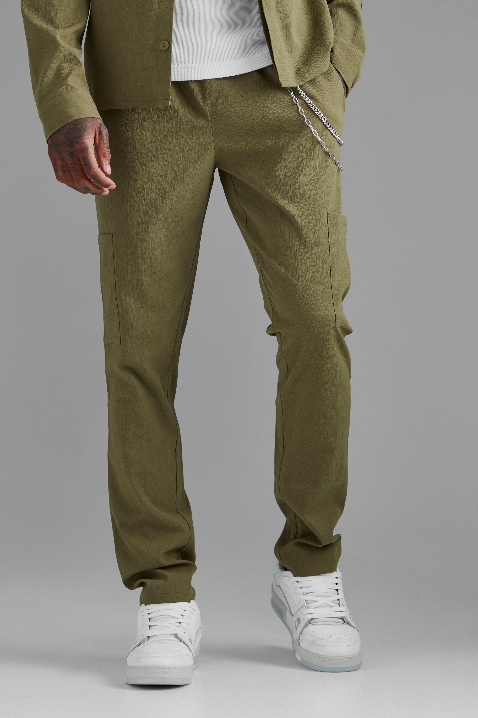 Khaki Skinny Crinkle Cargo Chain Jogger Pants