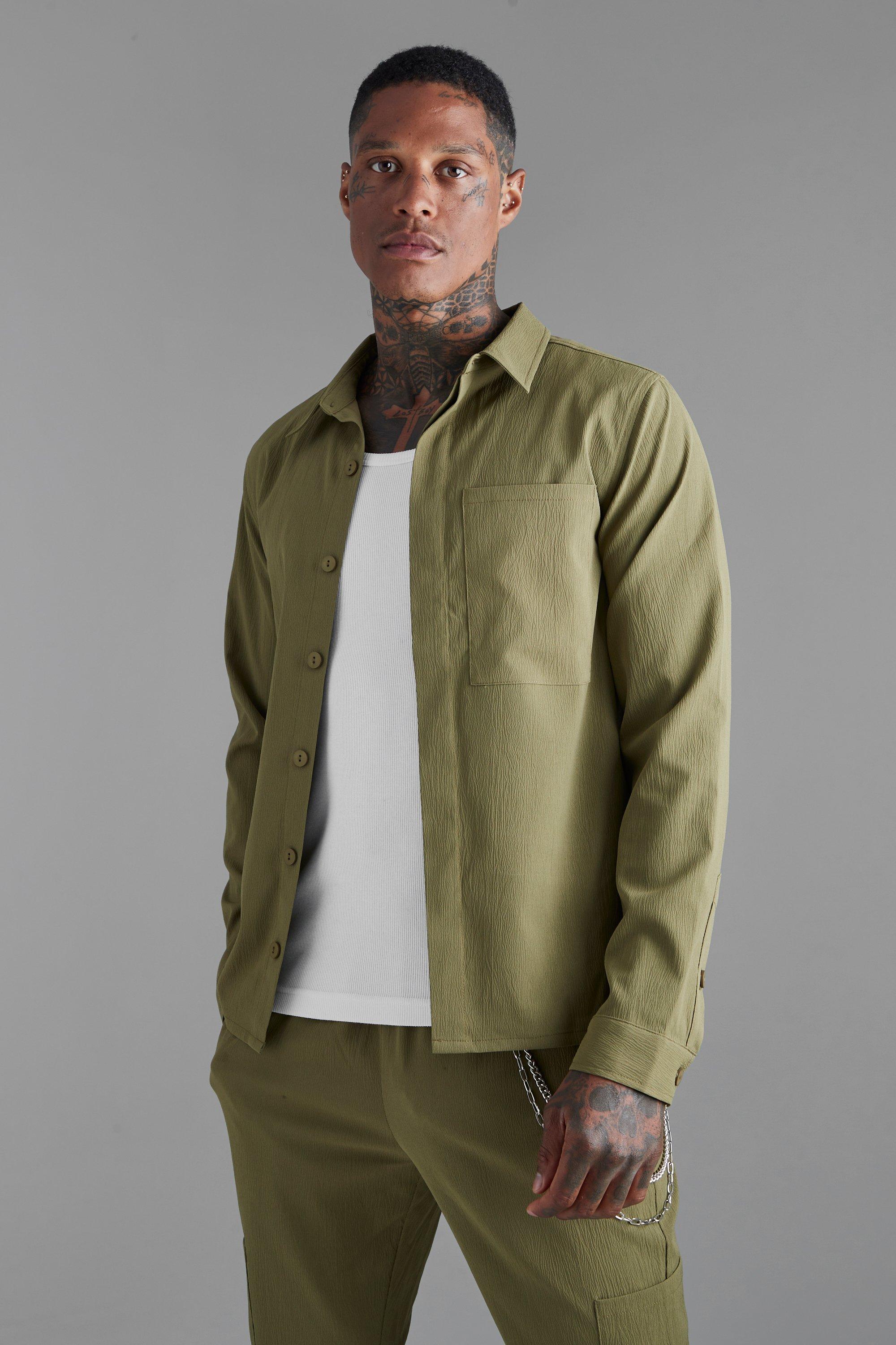 Khaki Concealed Placket Crinkle Smart Harrington