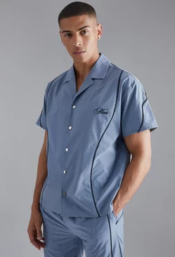 Blue Boxy Smart Piping Embroidered Shirt