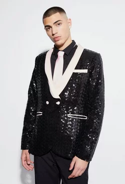 Slim Double Breasted Sequin Suit Jacket Black