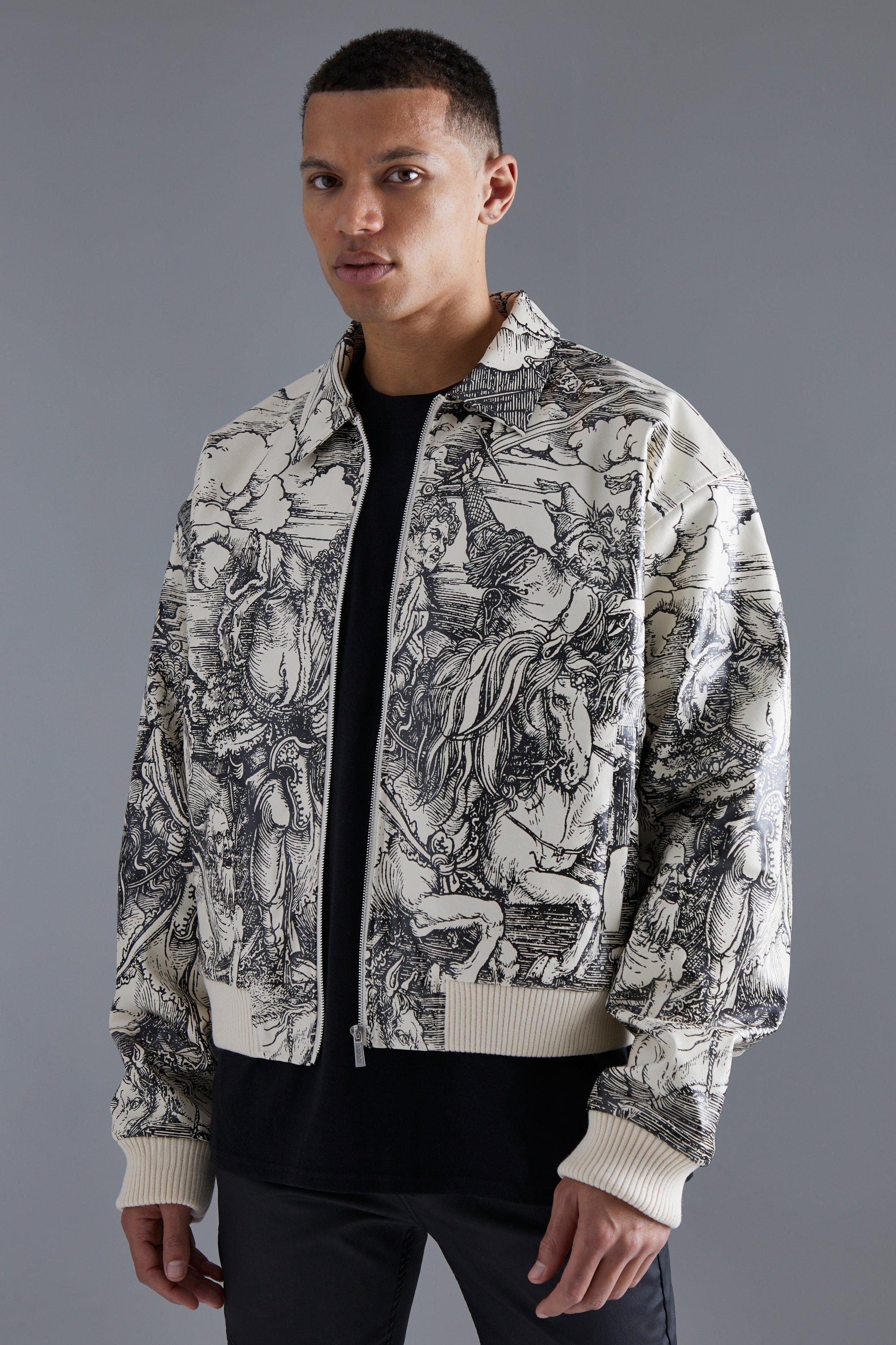 boohooMAN Mens Tall Boxy Printed PU Collared Bomber Jacket - Cream S