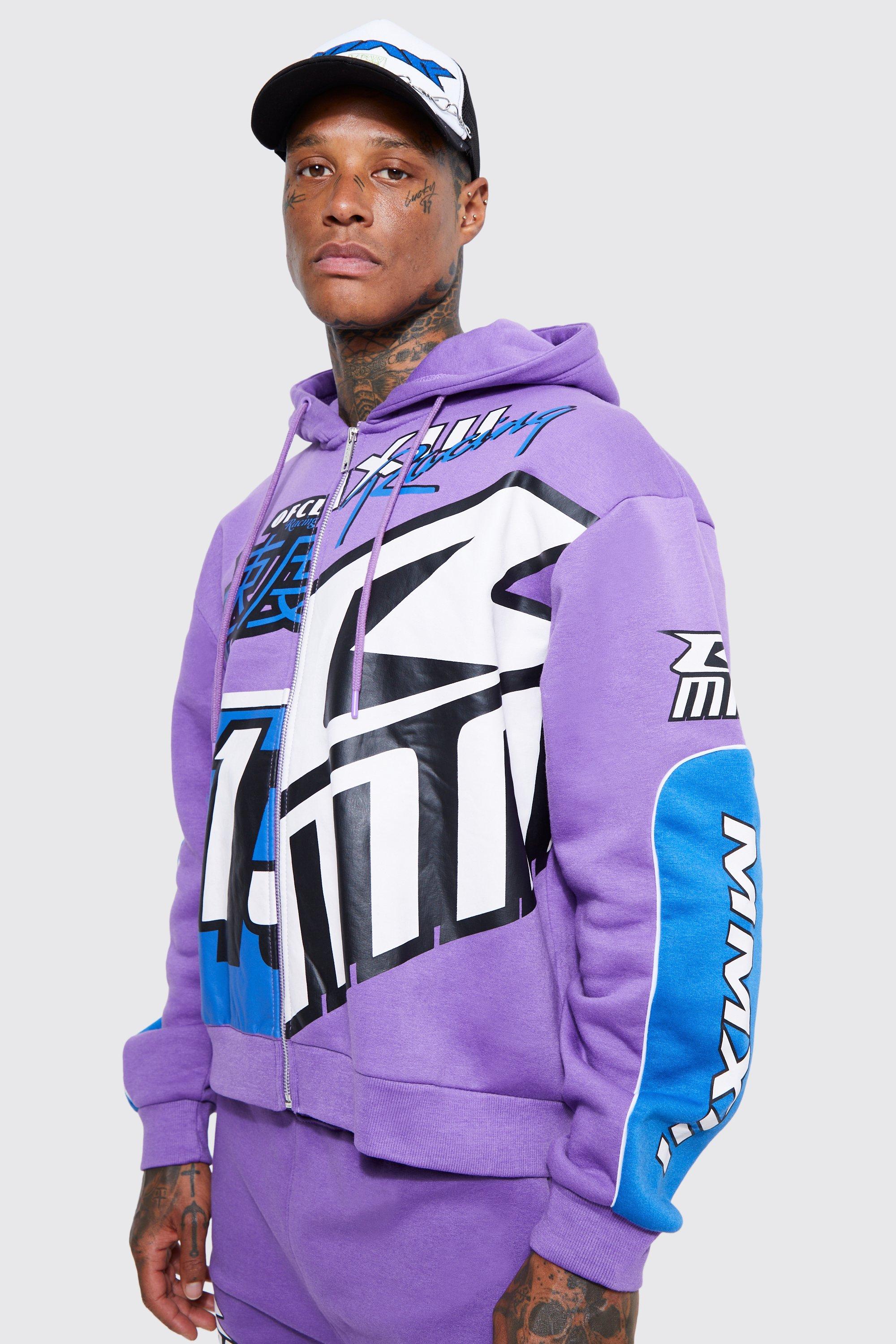 Moto Spliced Zip Through Printed Hoodie