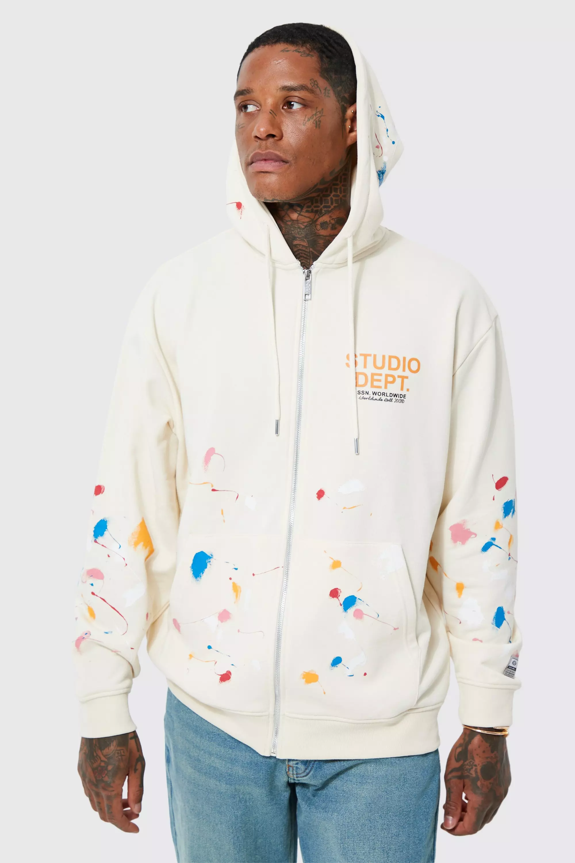 Oversized Paint Splatter Zip Through Hoodie boohooMAN UK