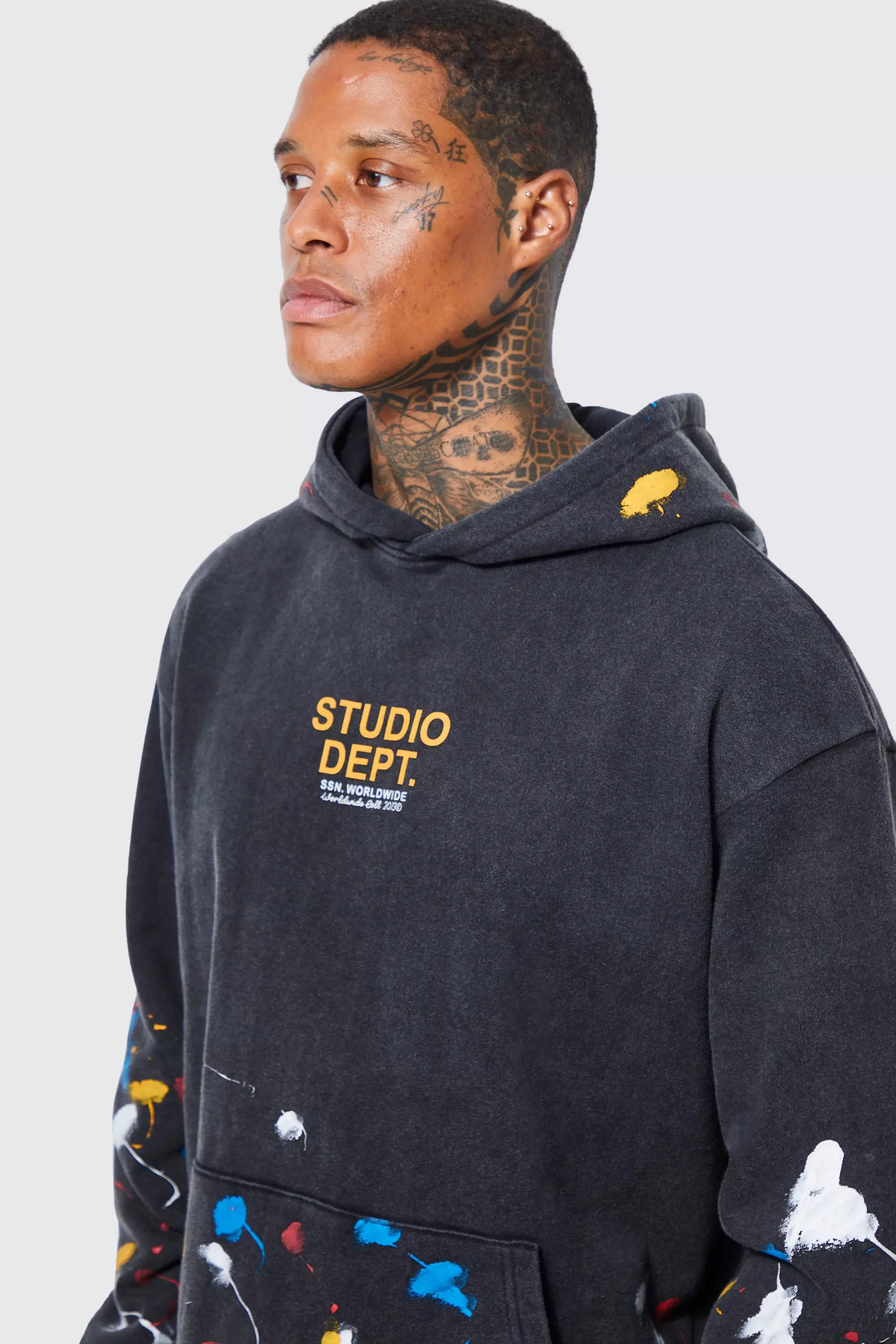 Oversized Washed Paint Splatter Hoodie boohooMAN IE