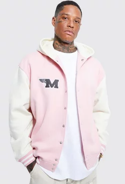 Oversized Hooded Varsity Jersey Jacket Pink