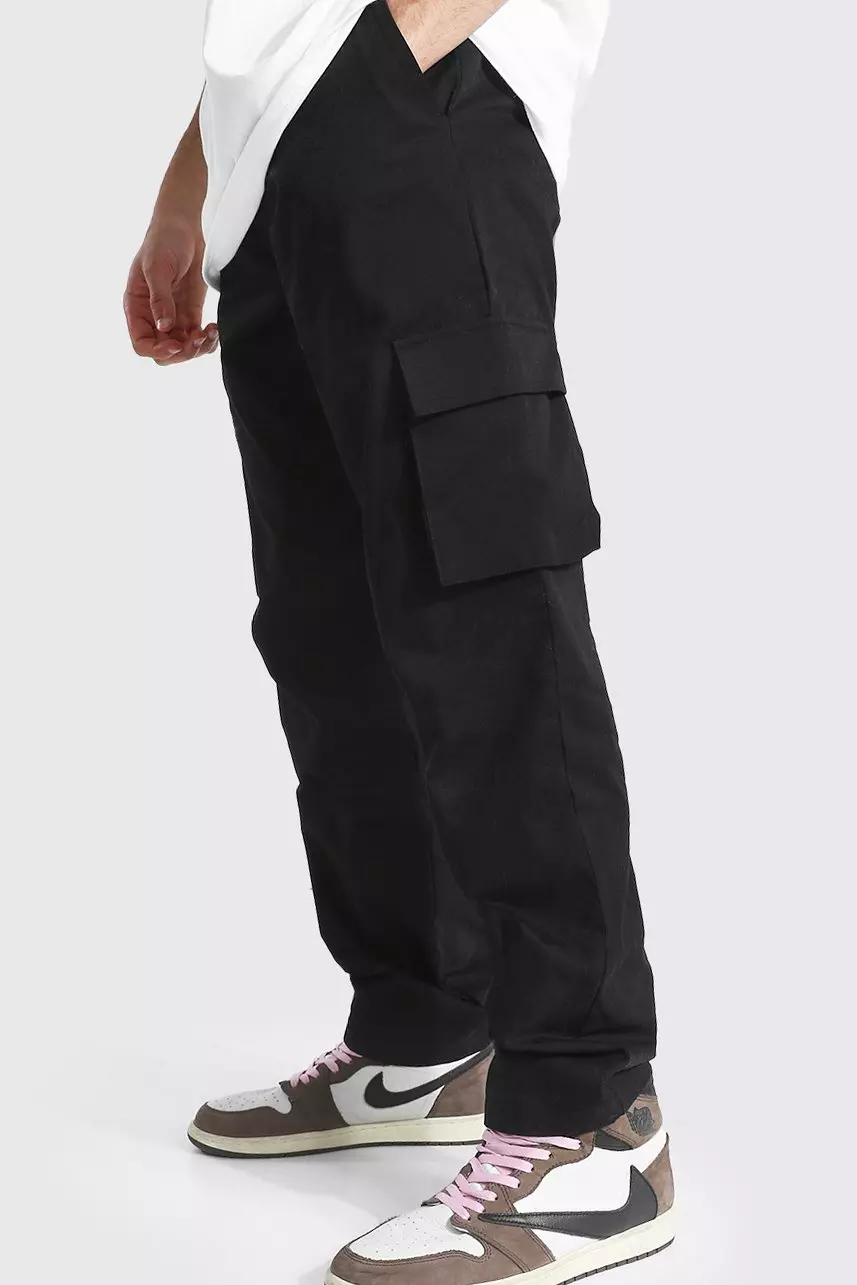 Fixed Waist Relaxed Fit Cargo Chino Pants Black