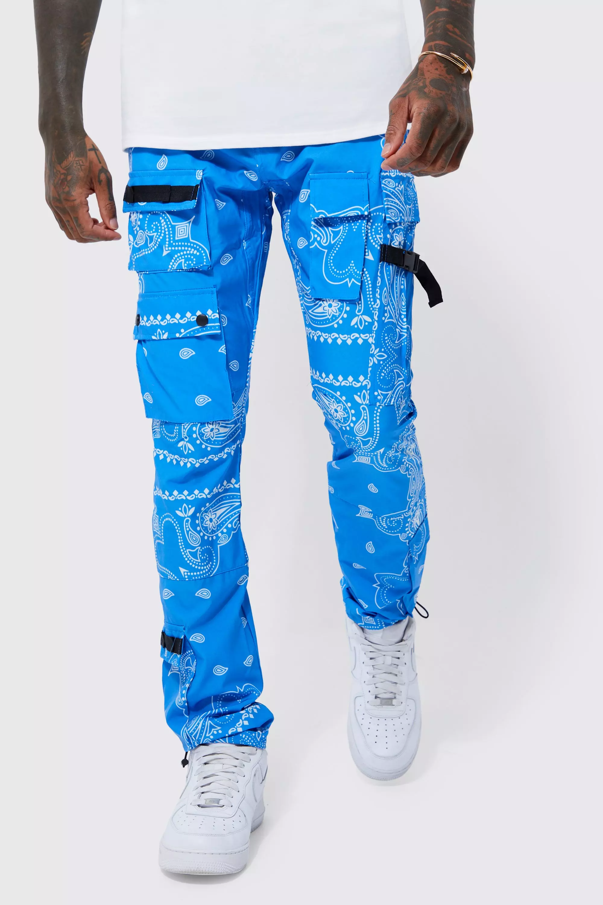 Blue Elasticated Waist Slim Fit Bandanna Print Cargo Pants