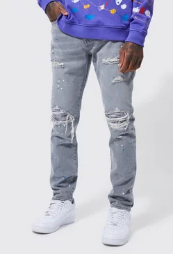 Slim Fit Rip & Repair Paint Splatter Jeans Mid grey