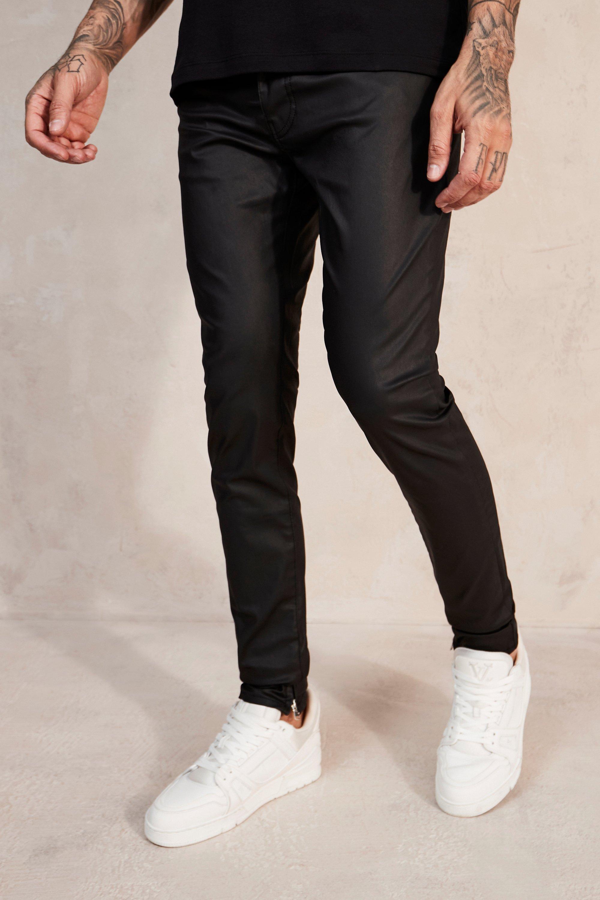 Black Coated Jeans Men - Waxed Jeans with Chain