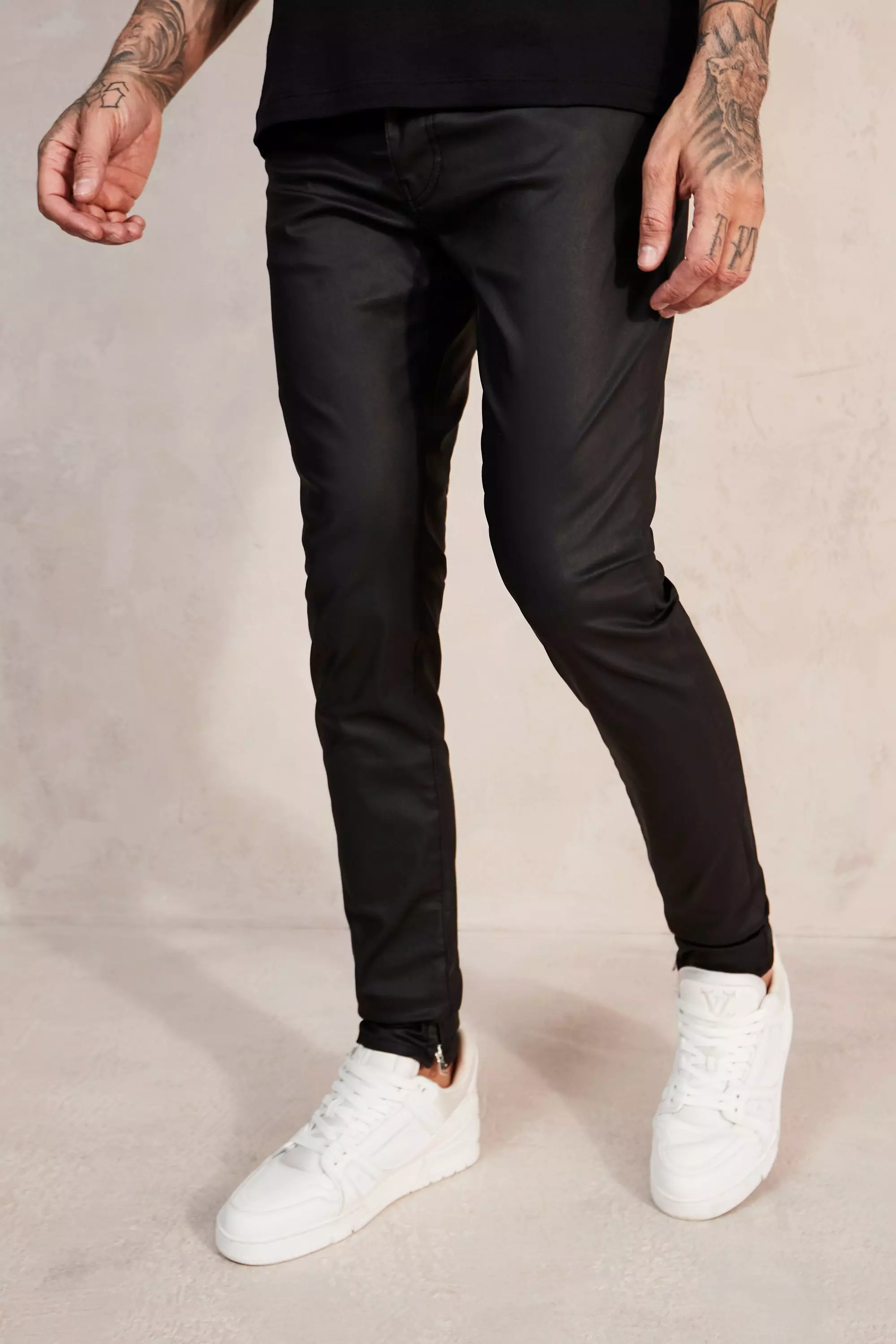 Skinny Stacked Zip Hem Coated Jeans Black