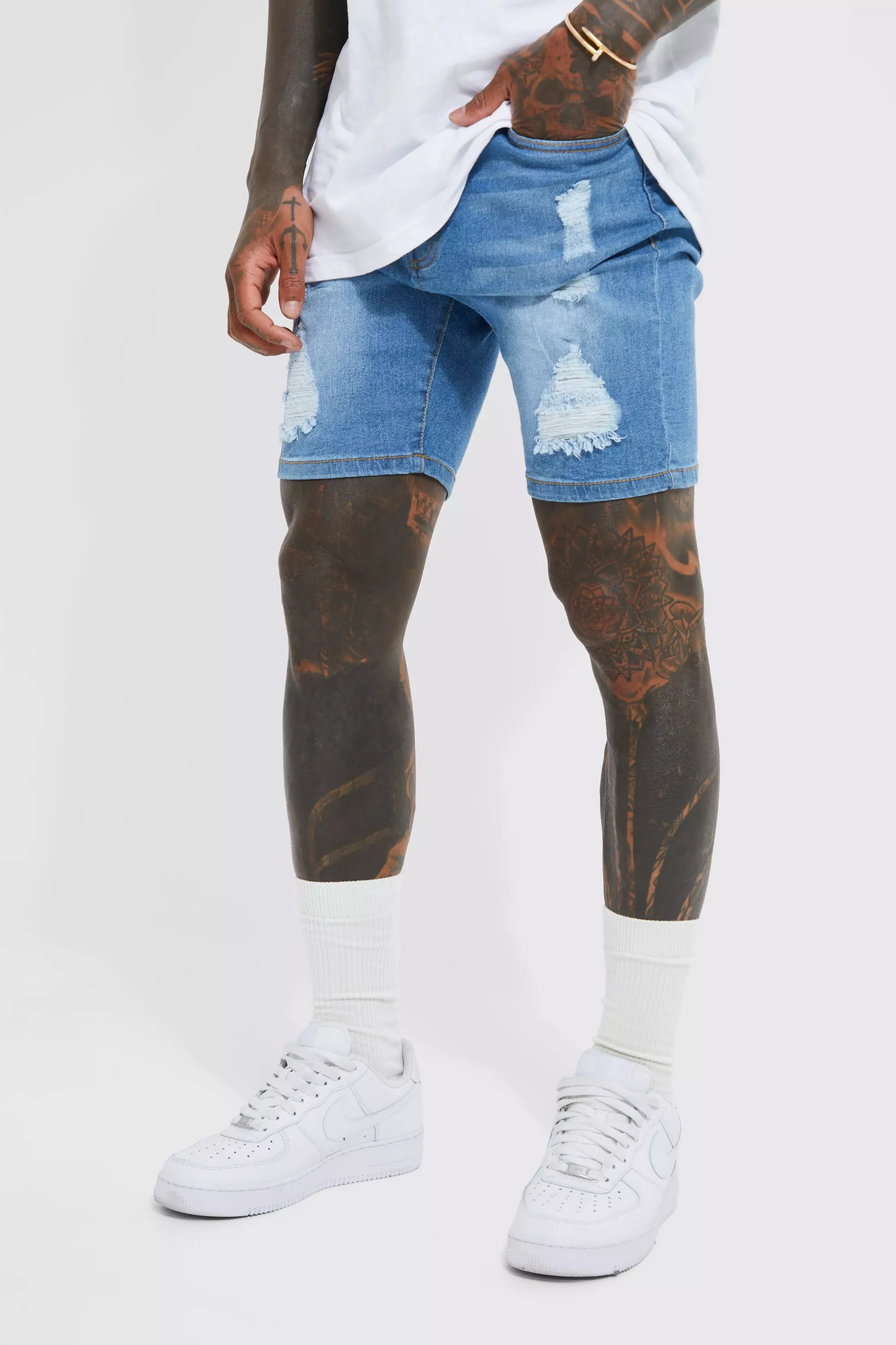 Light blue Skinny Stretch Distressed Denim Shorts alternative image