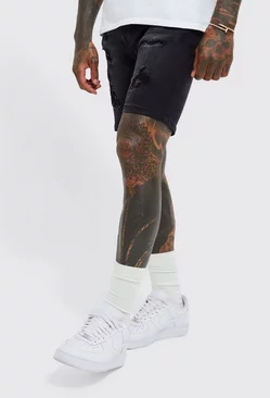 Black Skinny Stretch Multi Rip Jean Shorts