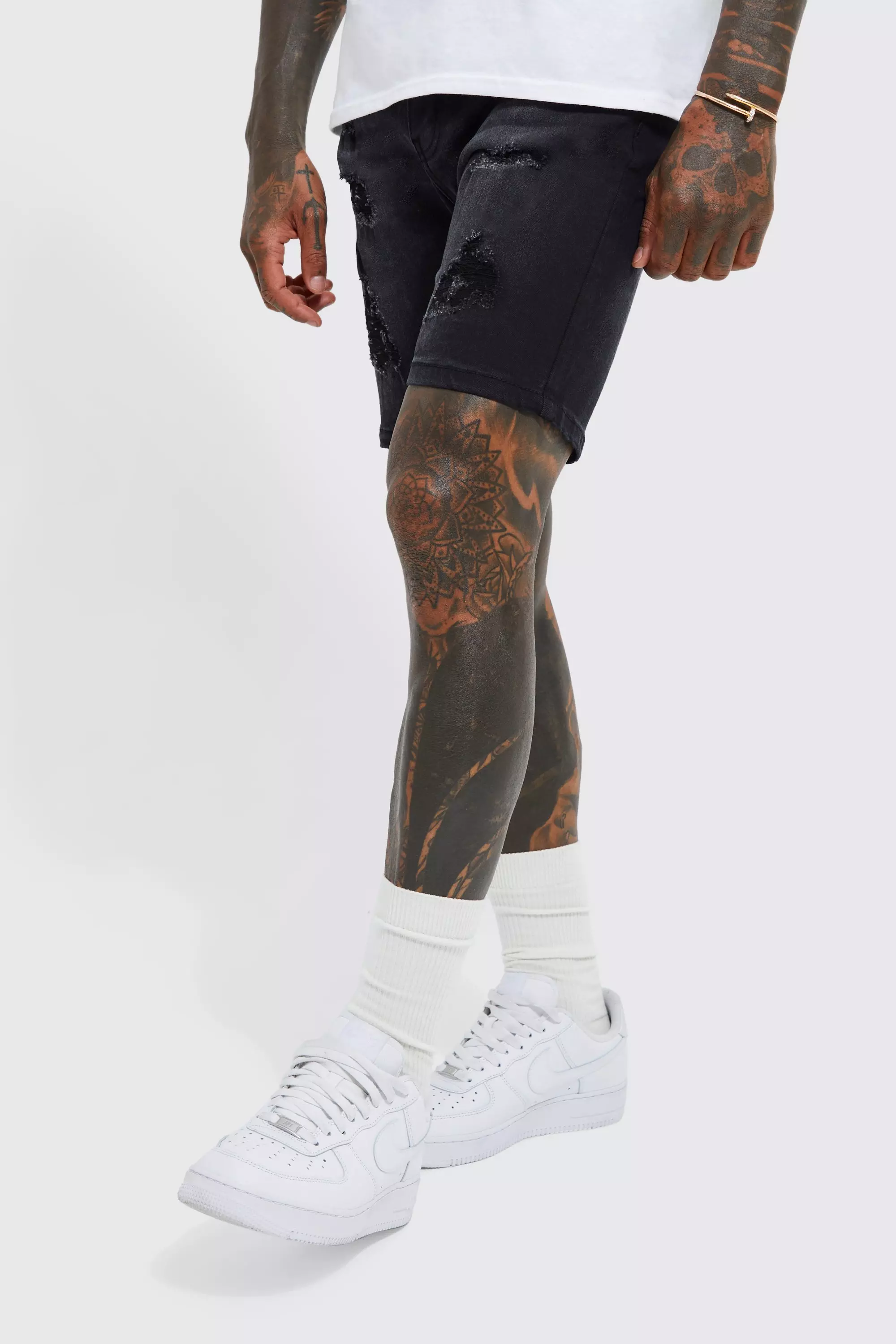 Ash Grey Skinny Stretch Multi Rip Jean Shorts