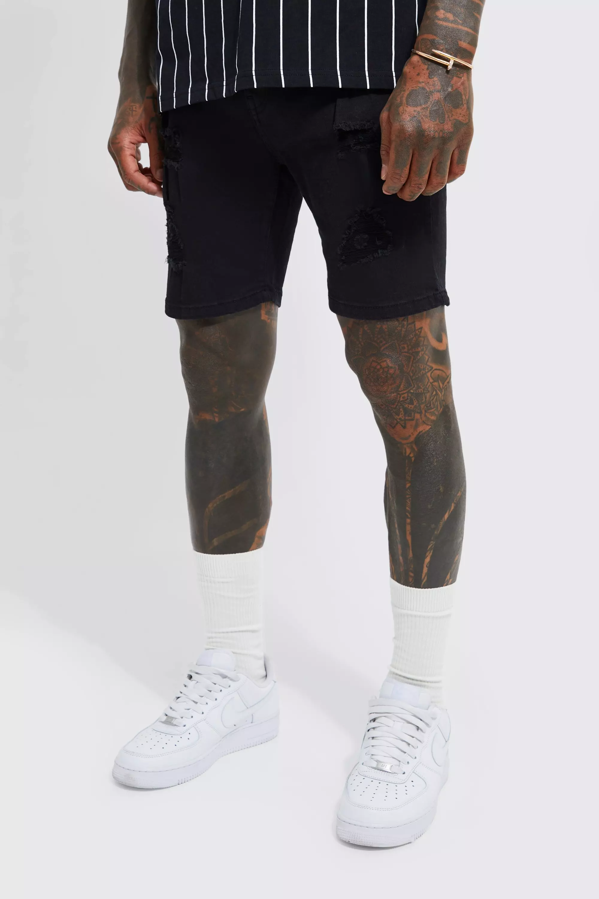 Skinny Stretch Multi Rip Jean Shorts True black