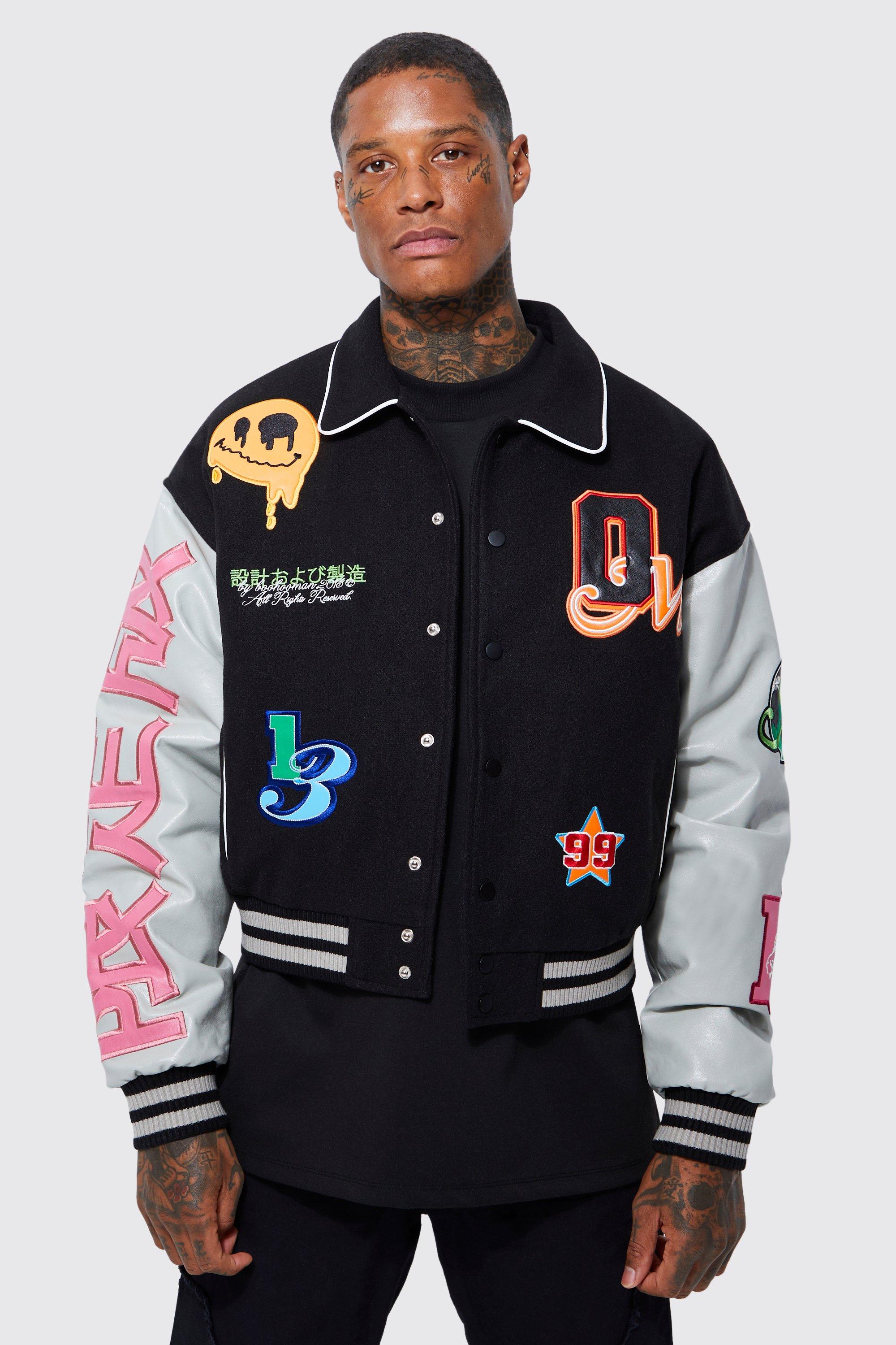 Boxy Checkerboard Melton Pu Varsity Jacket