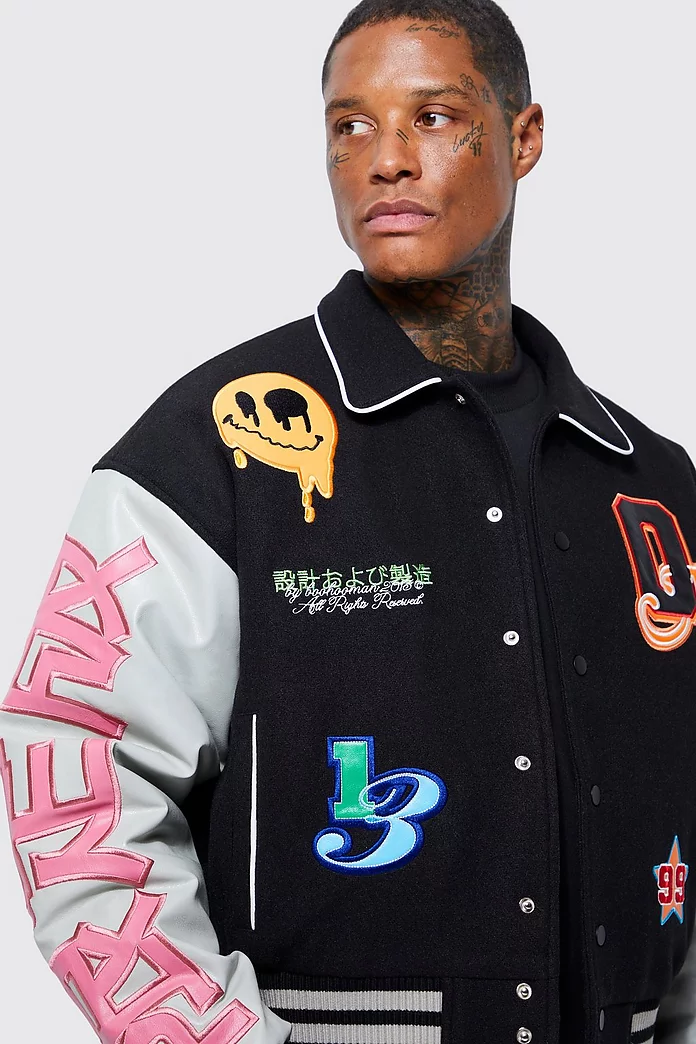 Boxy Melton Pu Varsity Badge Jacket | boohooMAN USA Boxy Melton Pu Varsity Badge Jacket | boohooMAN USA