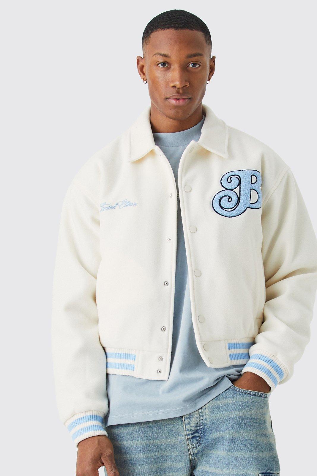 Boxy Melton Varsity Jacket | boohooMAN USA