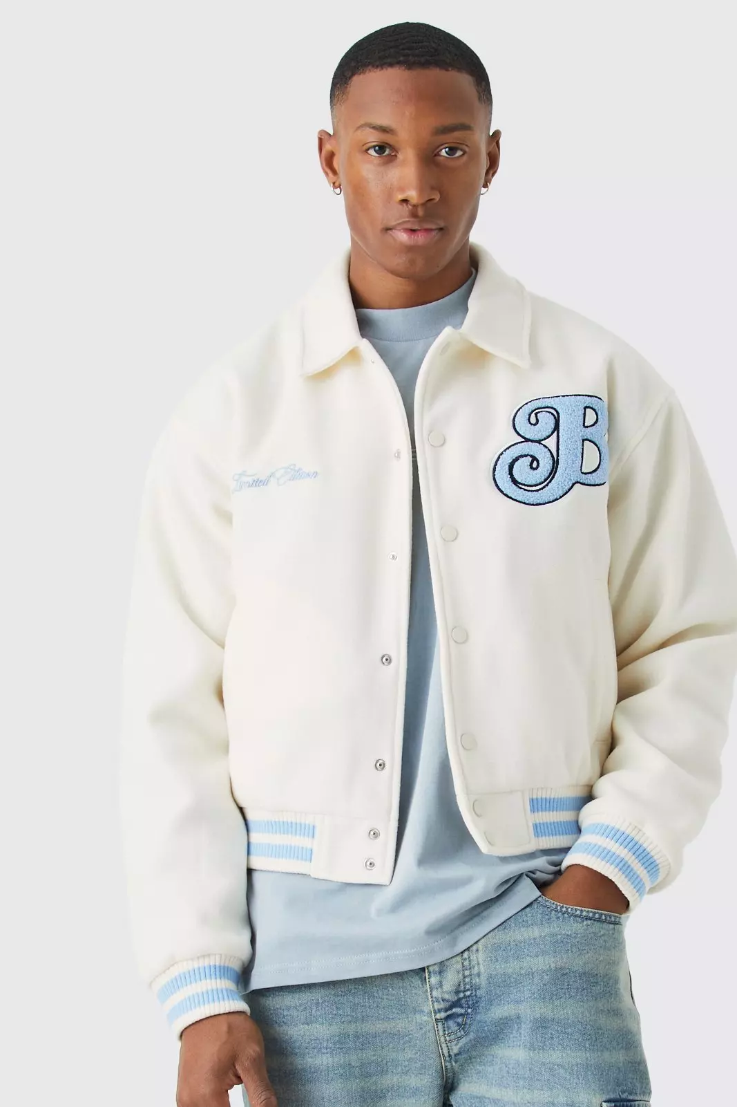 Giacca Squadrata Stile Varsity In Melton, Ecru immagine alternativa