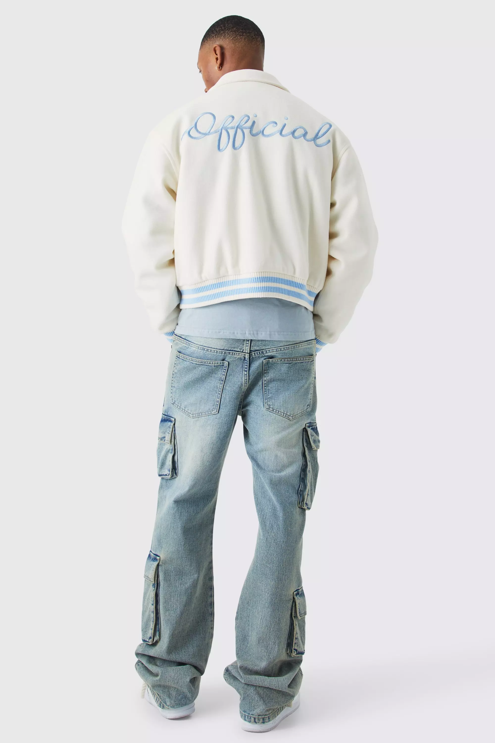 Giacca Squadrata Stile Varsity In Melton, Ecru immagine alternativa