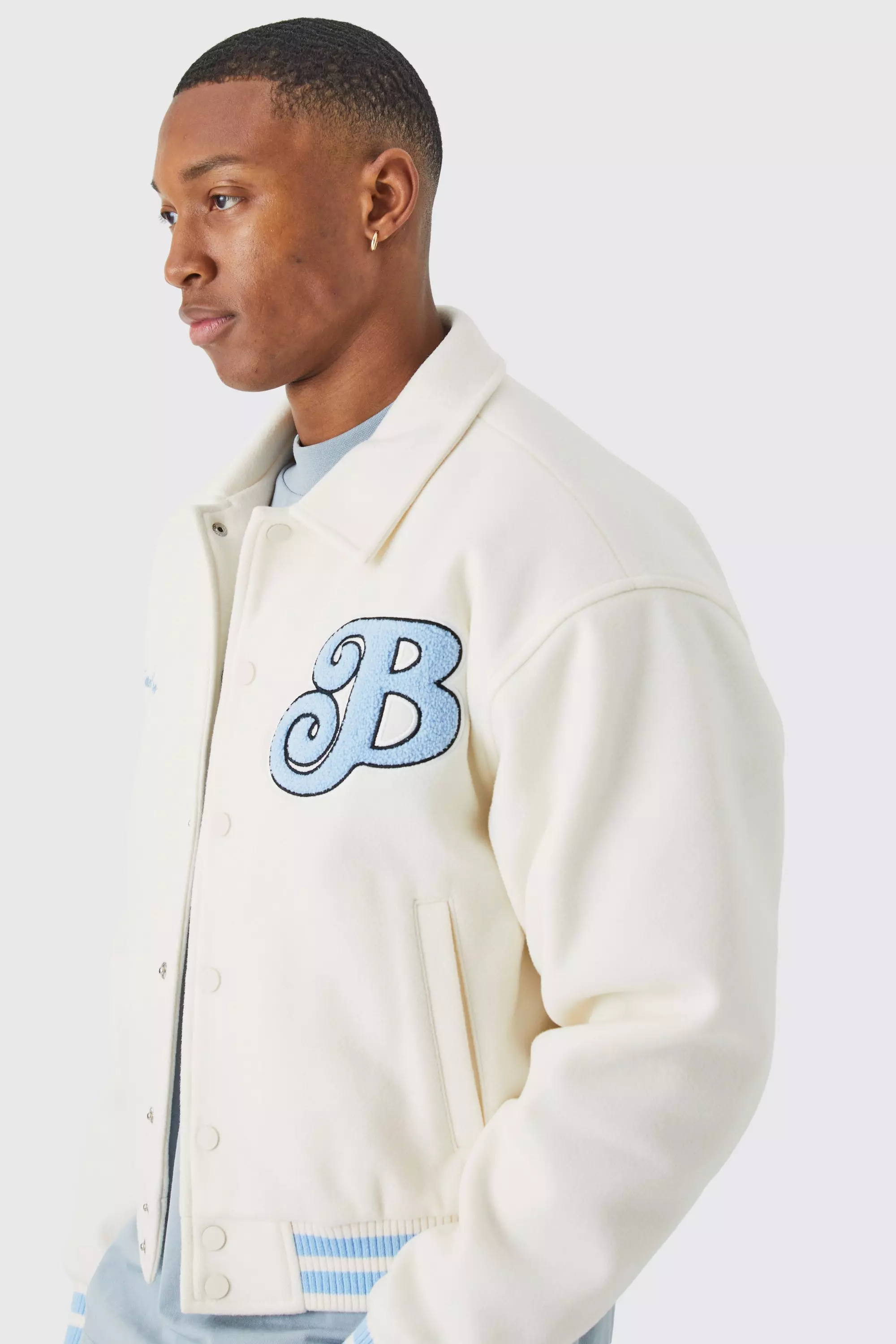 Giacca Squadrata Stile Varsity In Melton, Ecru immagine alternativa