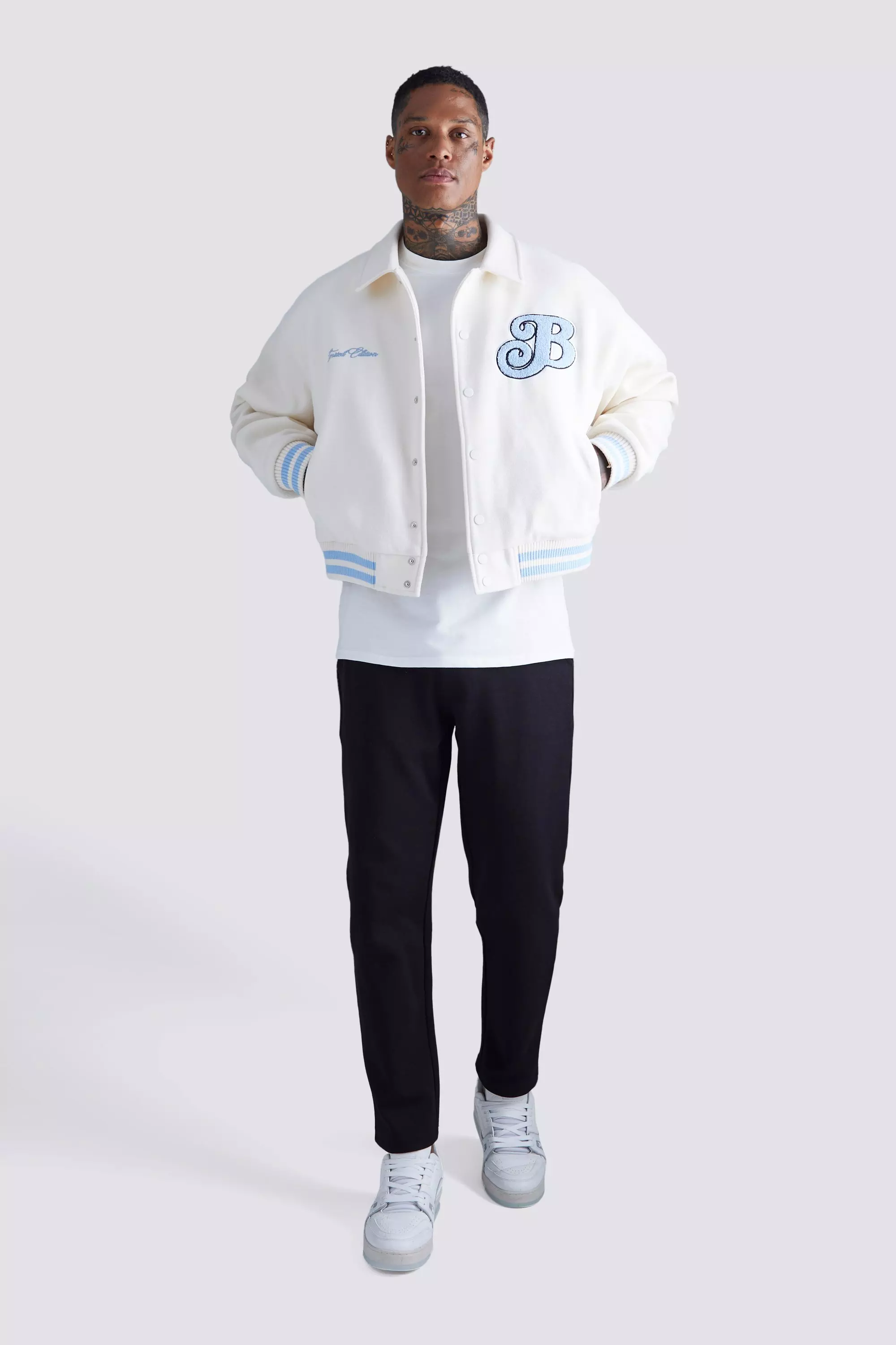 Boxy Melton Varsity Jacket boohooMAN