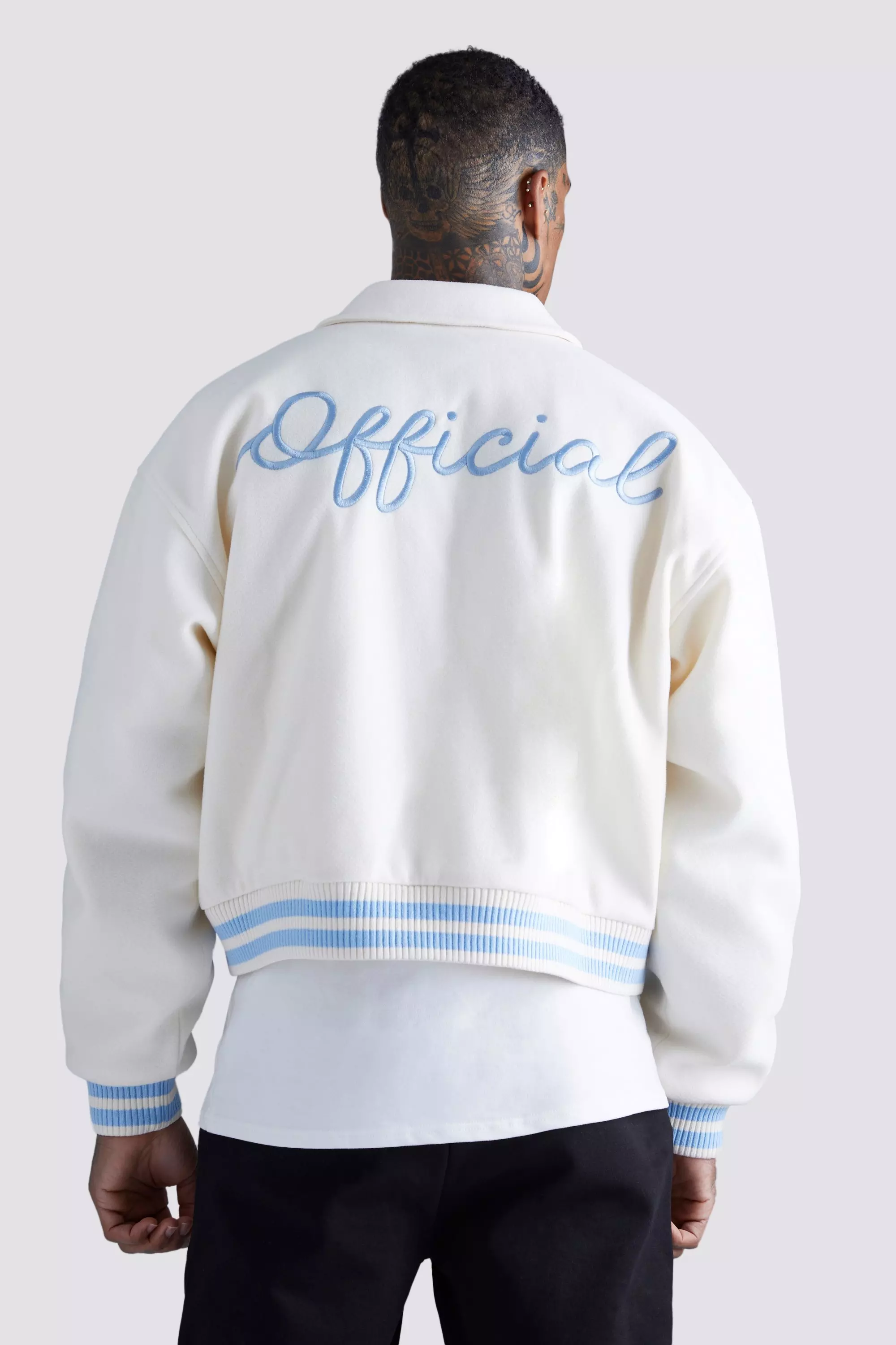 Giacca Squadrata Stile Varsity In Melton, Ecru immagine alternativa