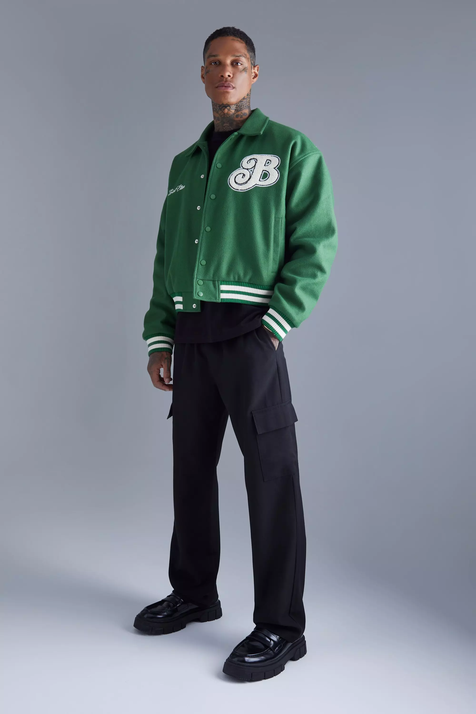 Boxy Melton Varsity Jacket | boohooMAN USA