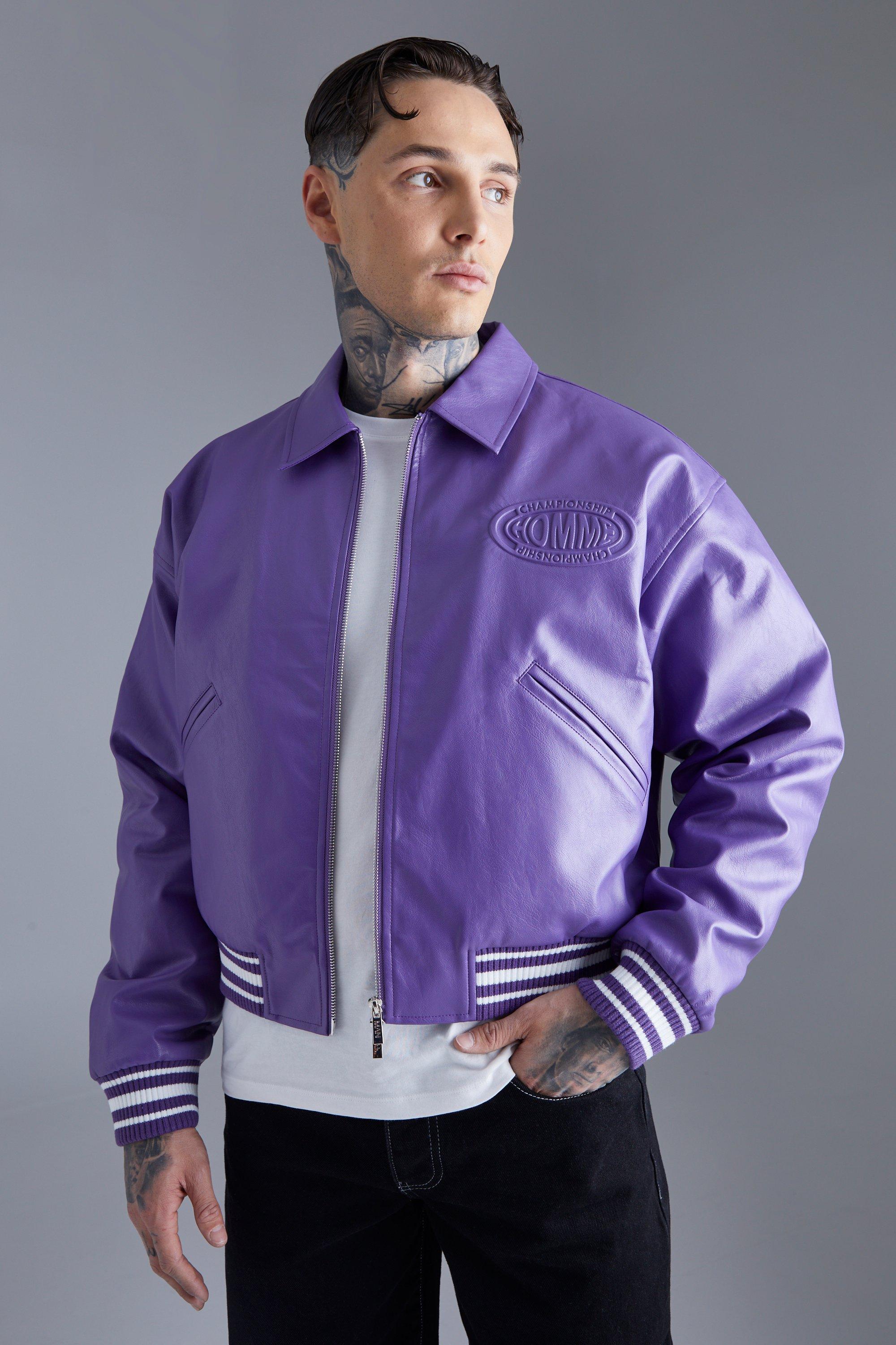 Boxy Embossed Pu Varsity Jacket | boohooMAN USA