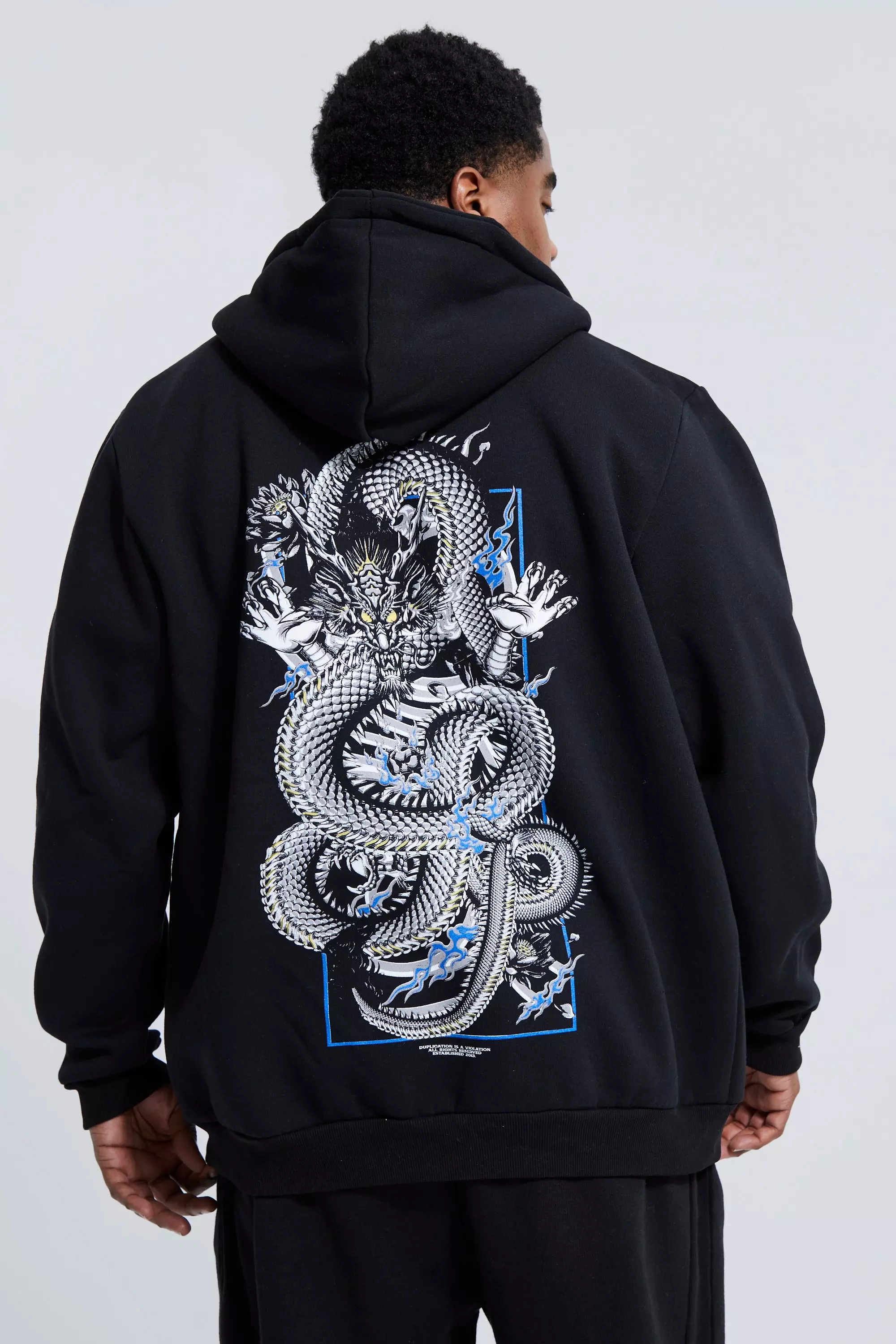 Plus Dragon Front And Back Zip Through Hoodie boohooMAN UK