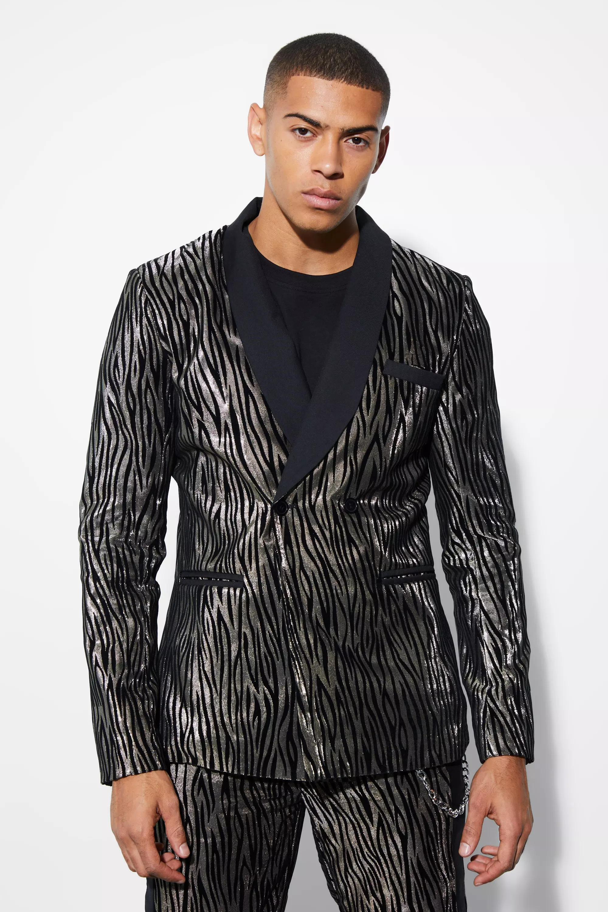 Slim Double Breasted Zebra Suit Jacket Bronze