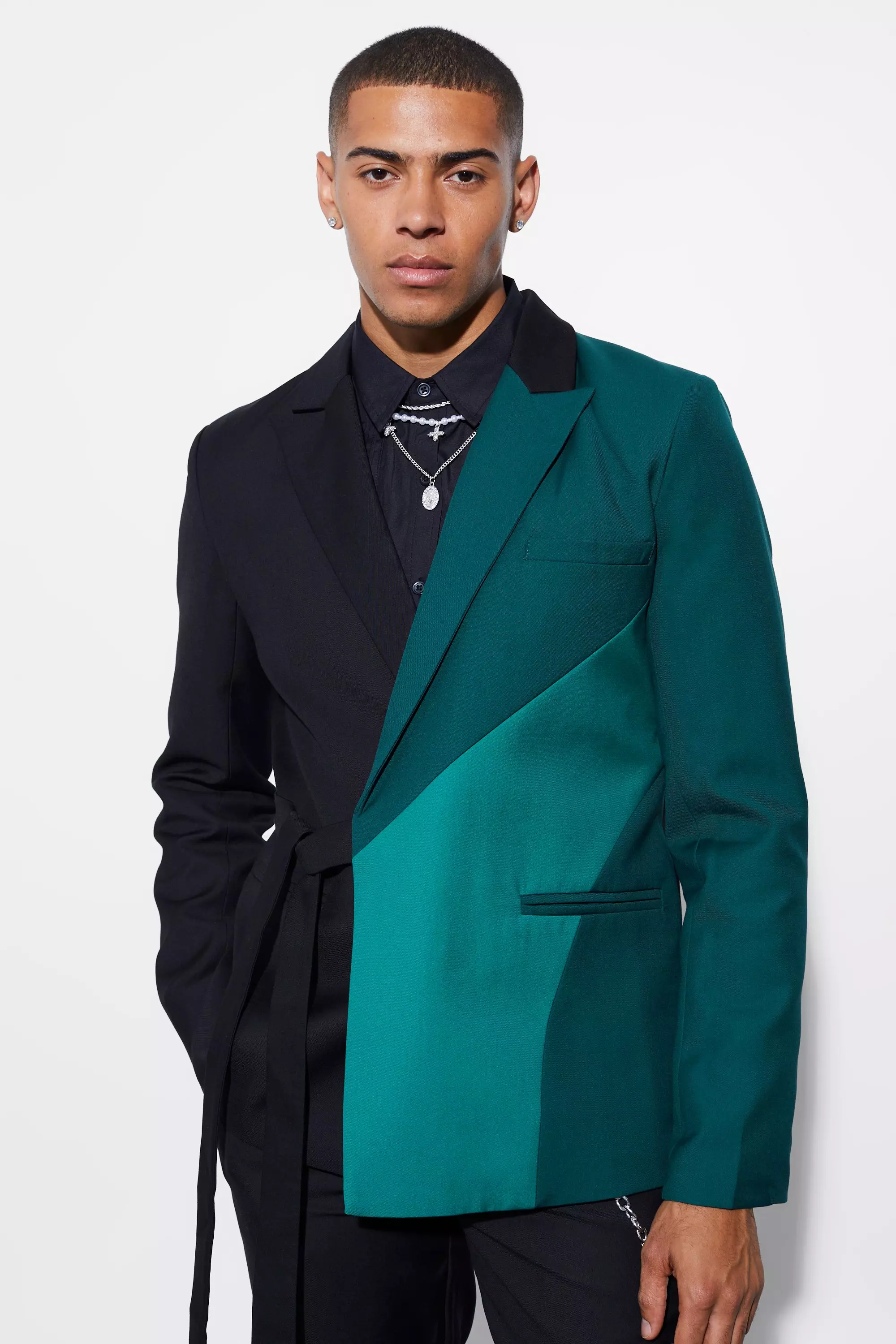 Slim Wrap Panel Suit Jacket Green