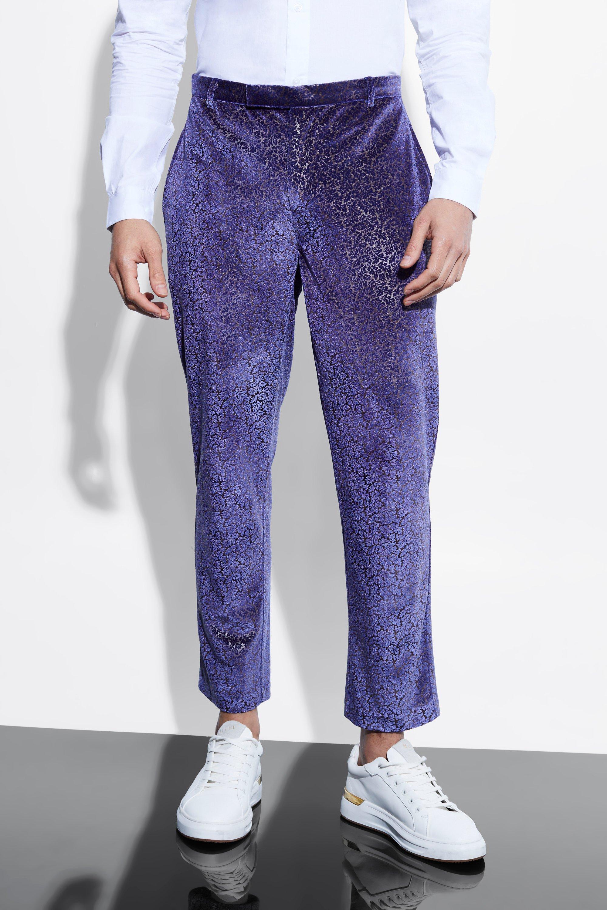 Kurze Slim-Fit Velour-Anzughose mit Barock-Print, Purple