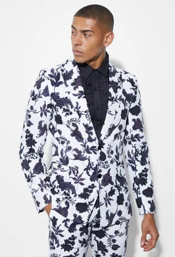 Skinny Floral Printed Suit Jacket White