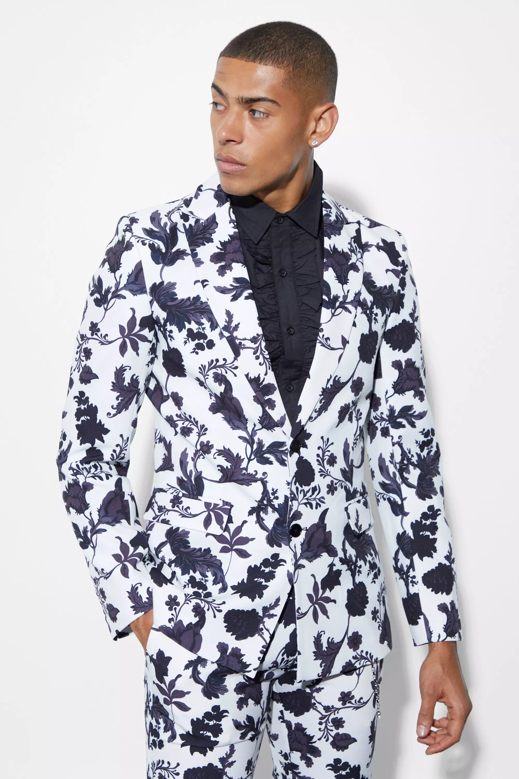 Skinny Floral Printed Suit Jacket White