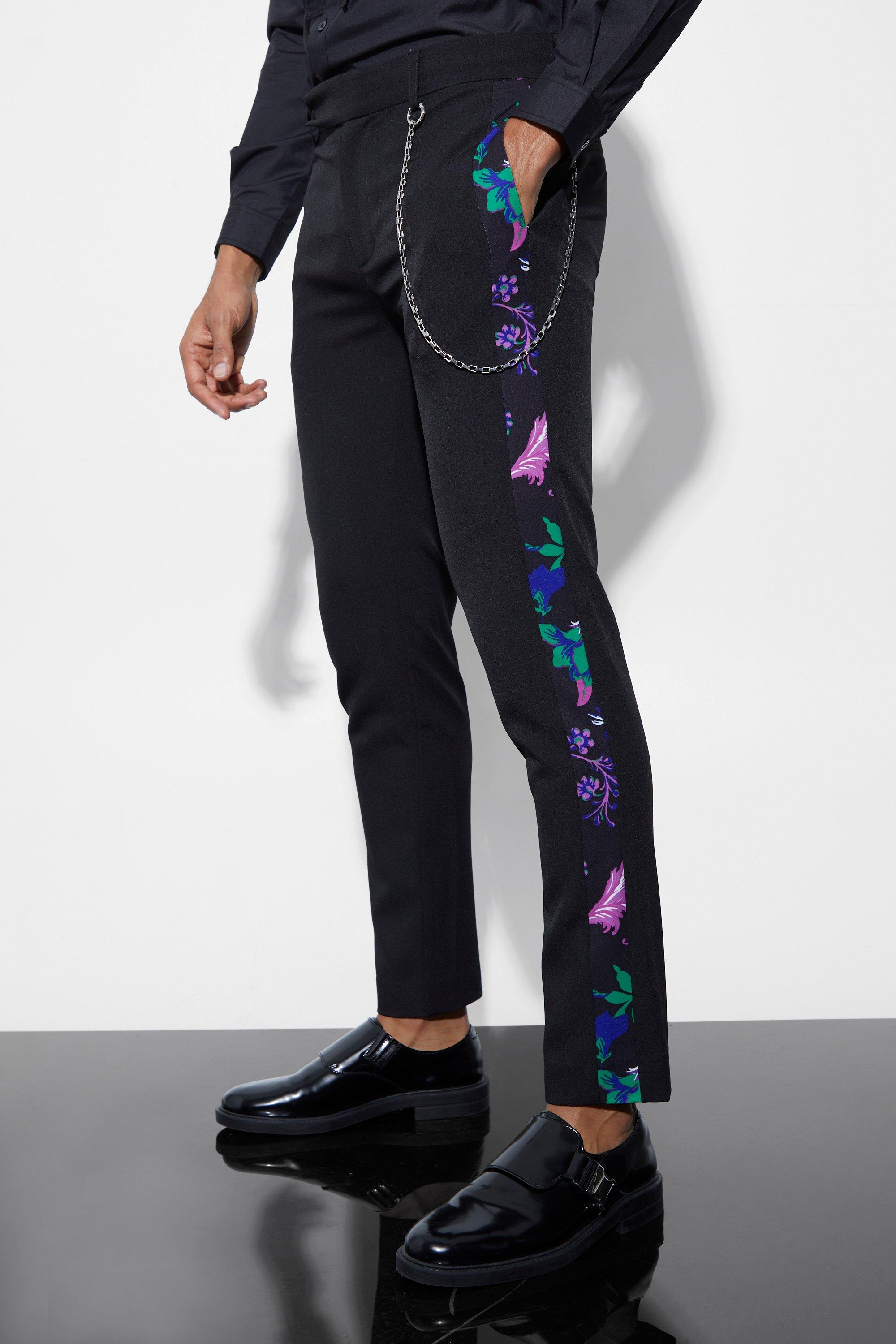 Black Skinny Dress Pants With Floral Side Tape