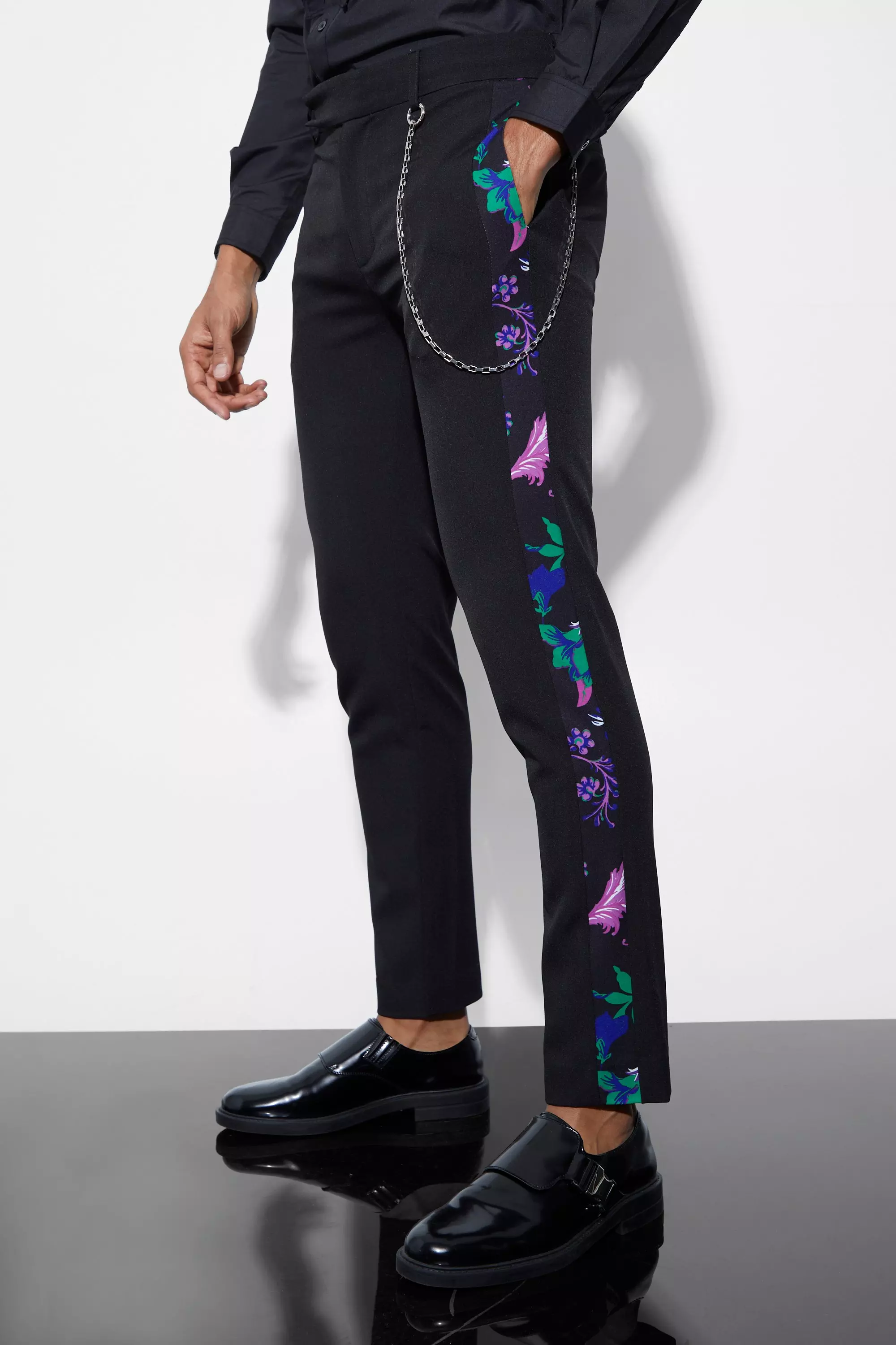 Skinny Dress Pants With Floral Side Tape Black