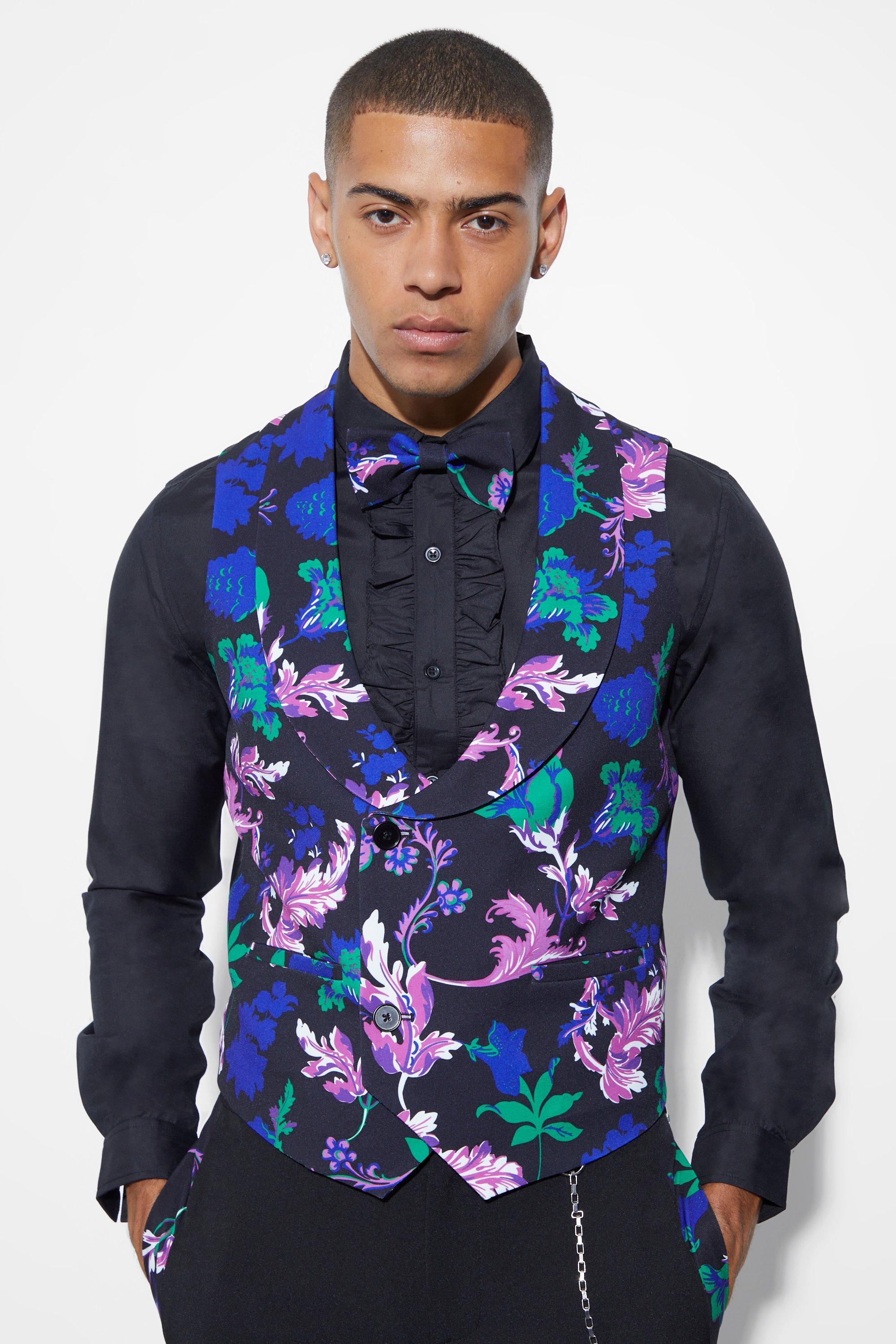 Black Skinny Floral Contrast Lapel Vest