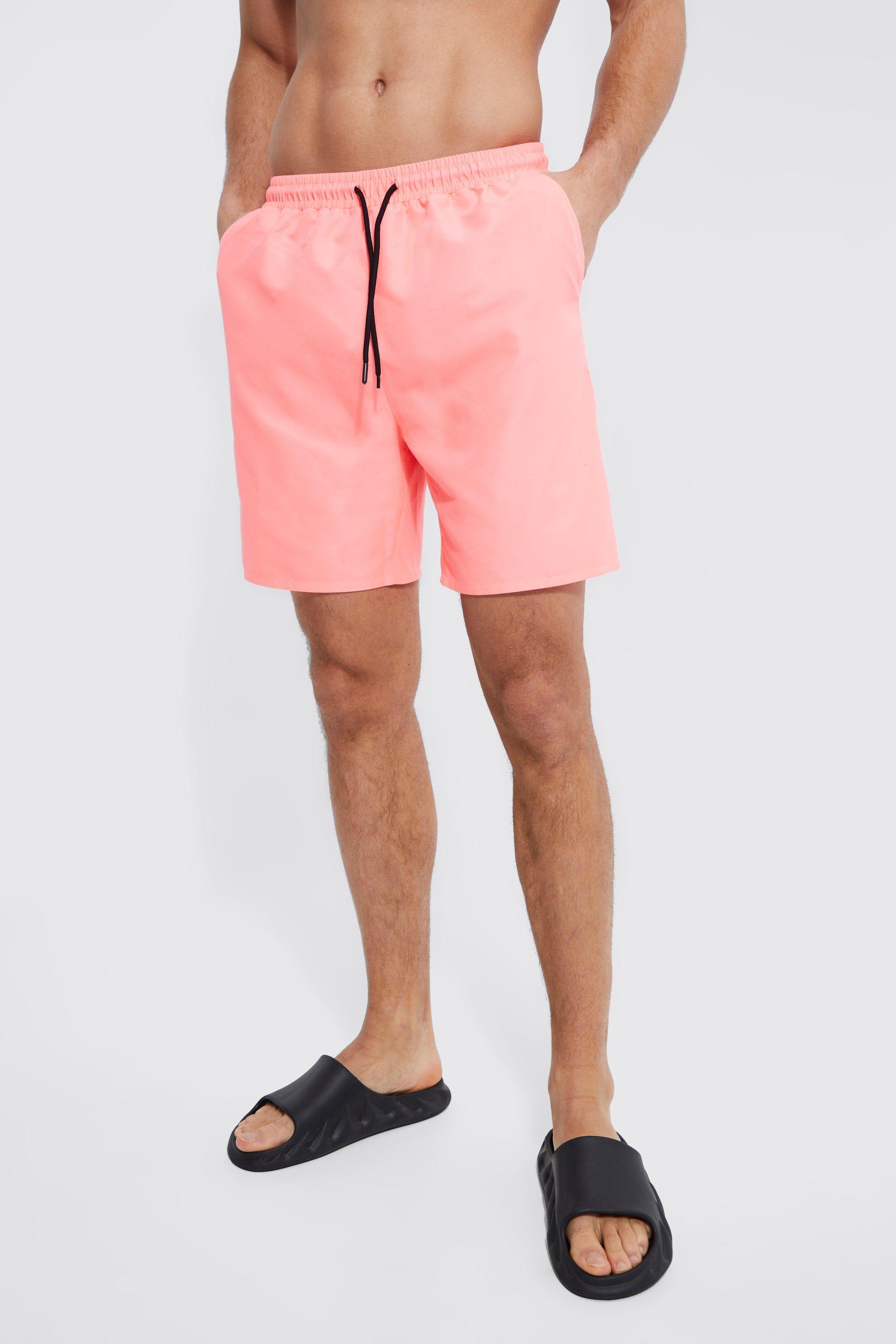 Mens Pink & White Mid-Length Swim Shorts