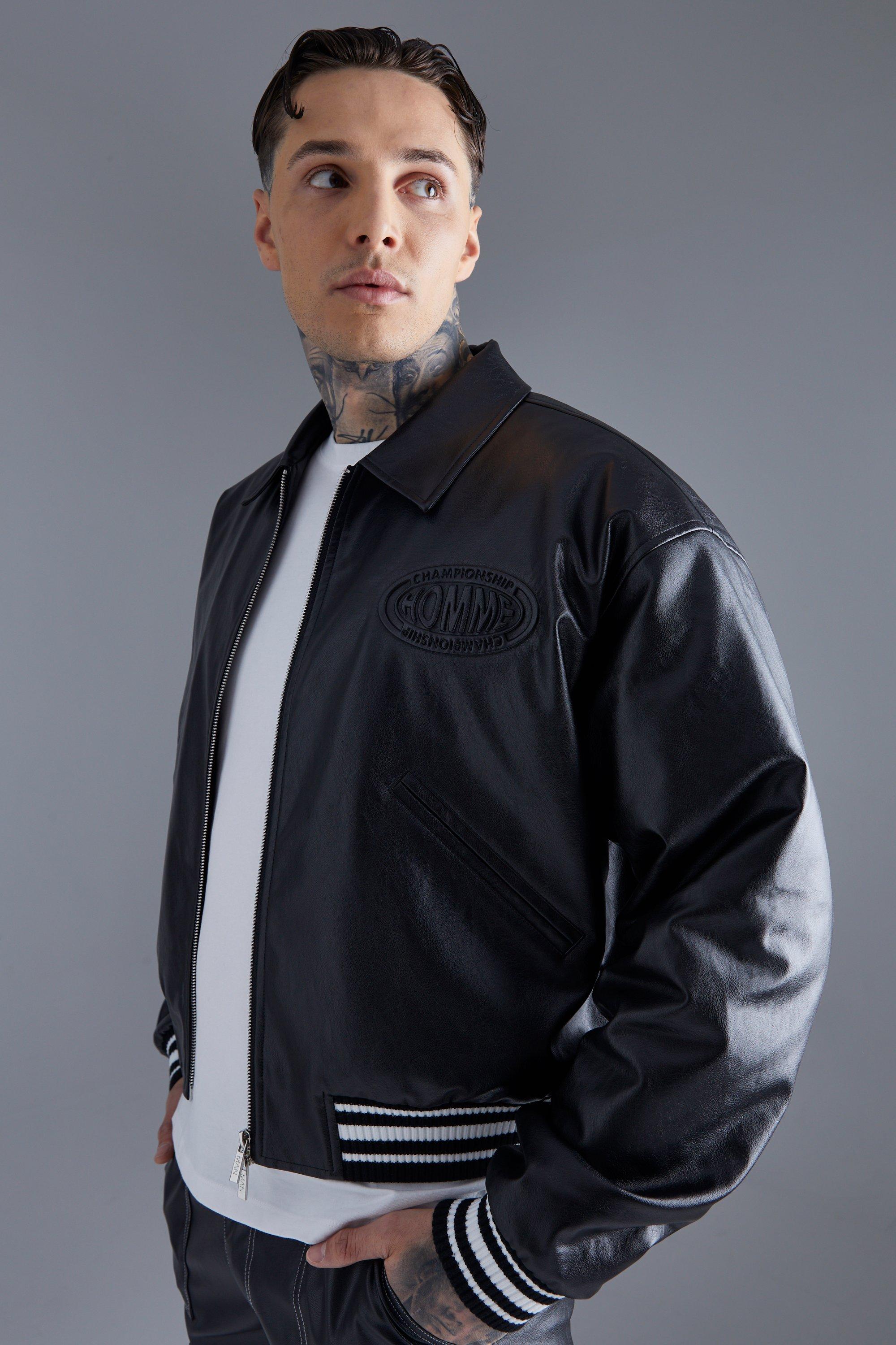 Boxy Embossed Pu Varsity Jacket | boohooMAN USA