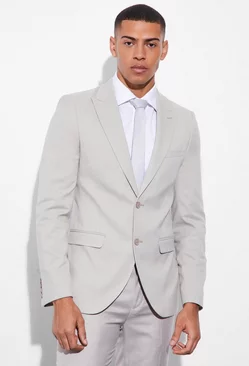 Taupe Beige Skinny Single Breasted Linen Suit Jacket