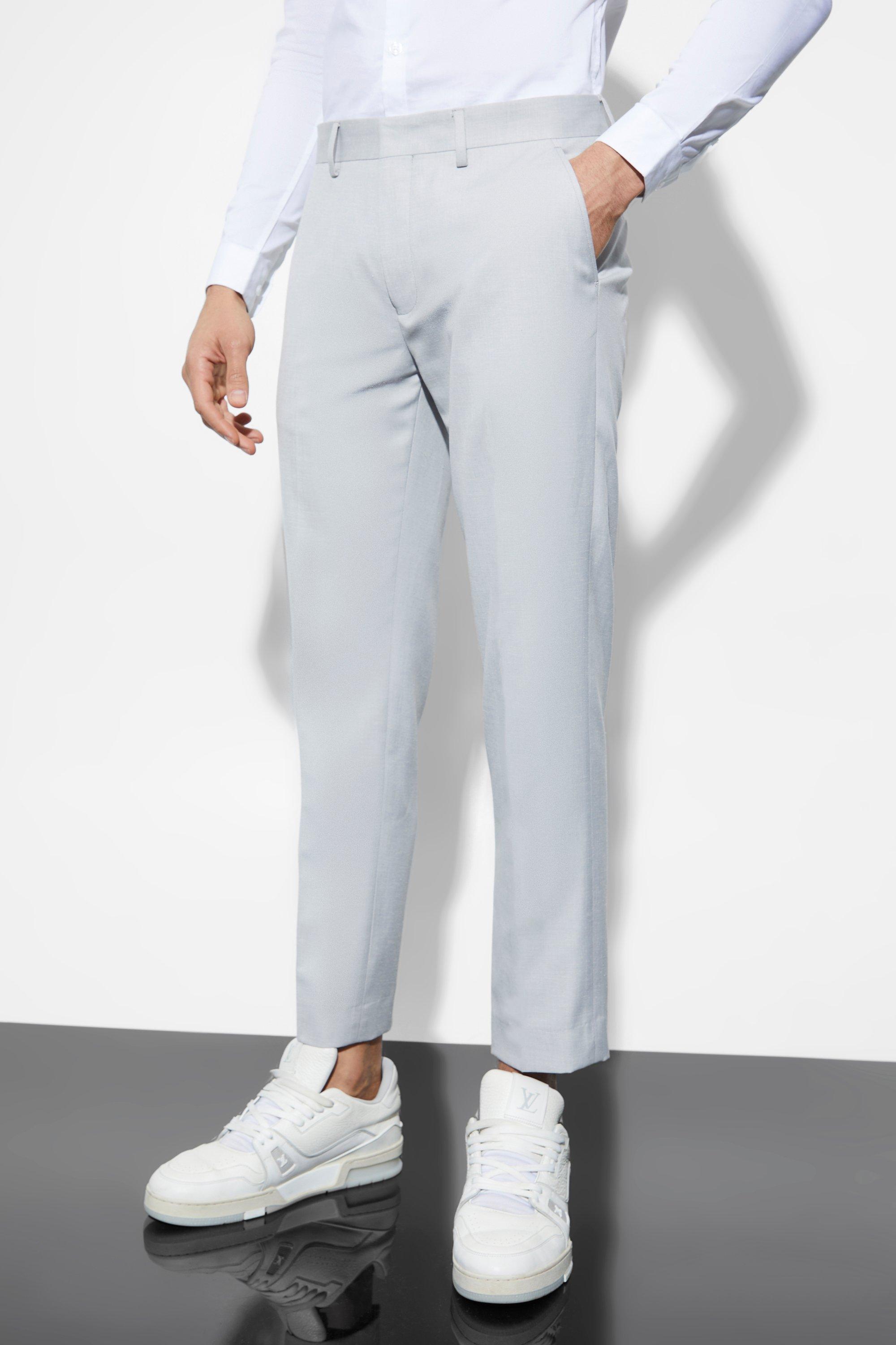 Light grey Slim Linen Crop Suit Pants