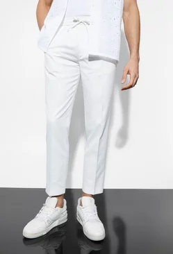 Elasticated Slim Crop Linen Trousers ecru