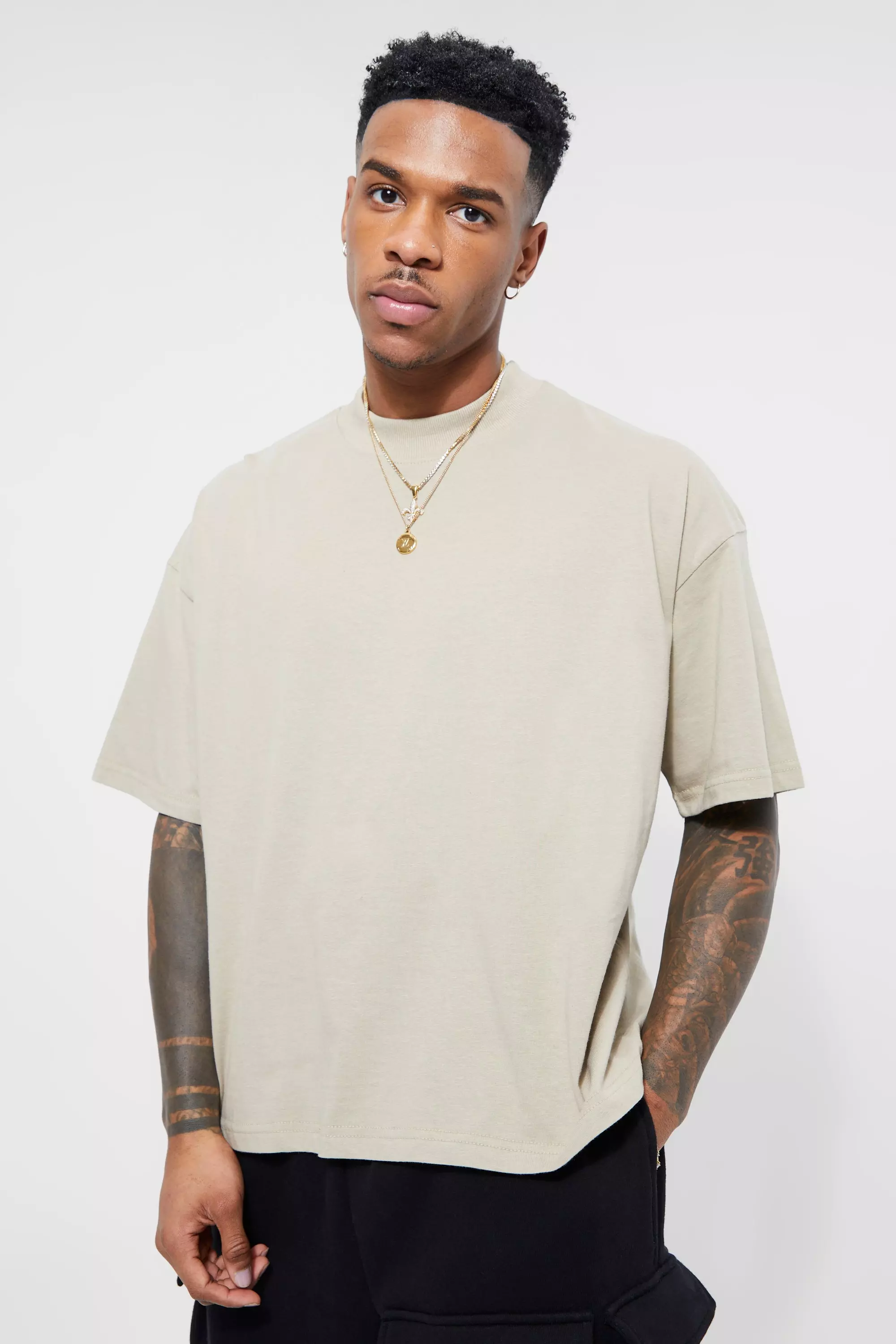 Stone Beige Oversized Extended Neck Boxy T-shirt