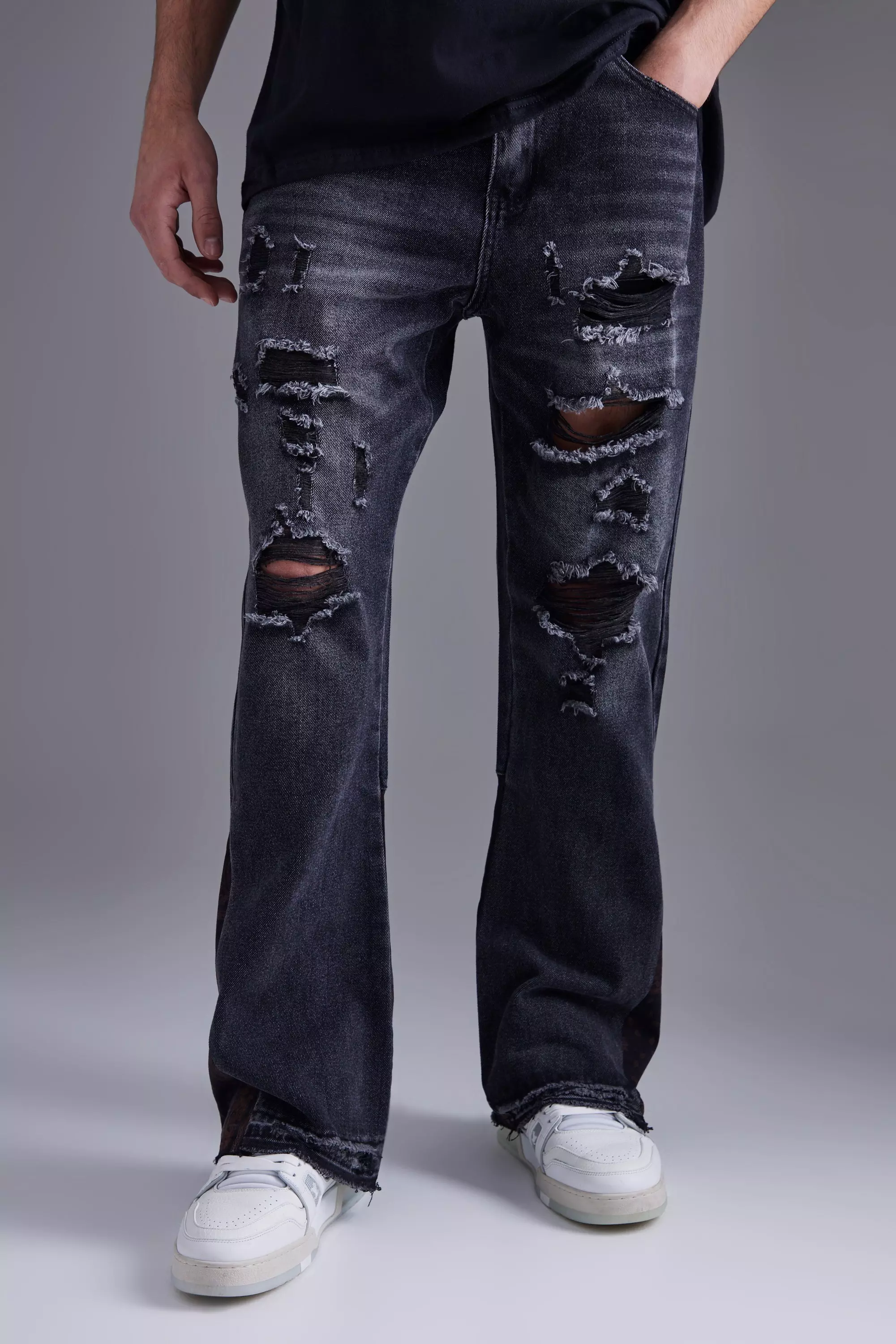 Ash Grey Bandana Pannel Ripped Flare Jeans