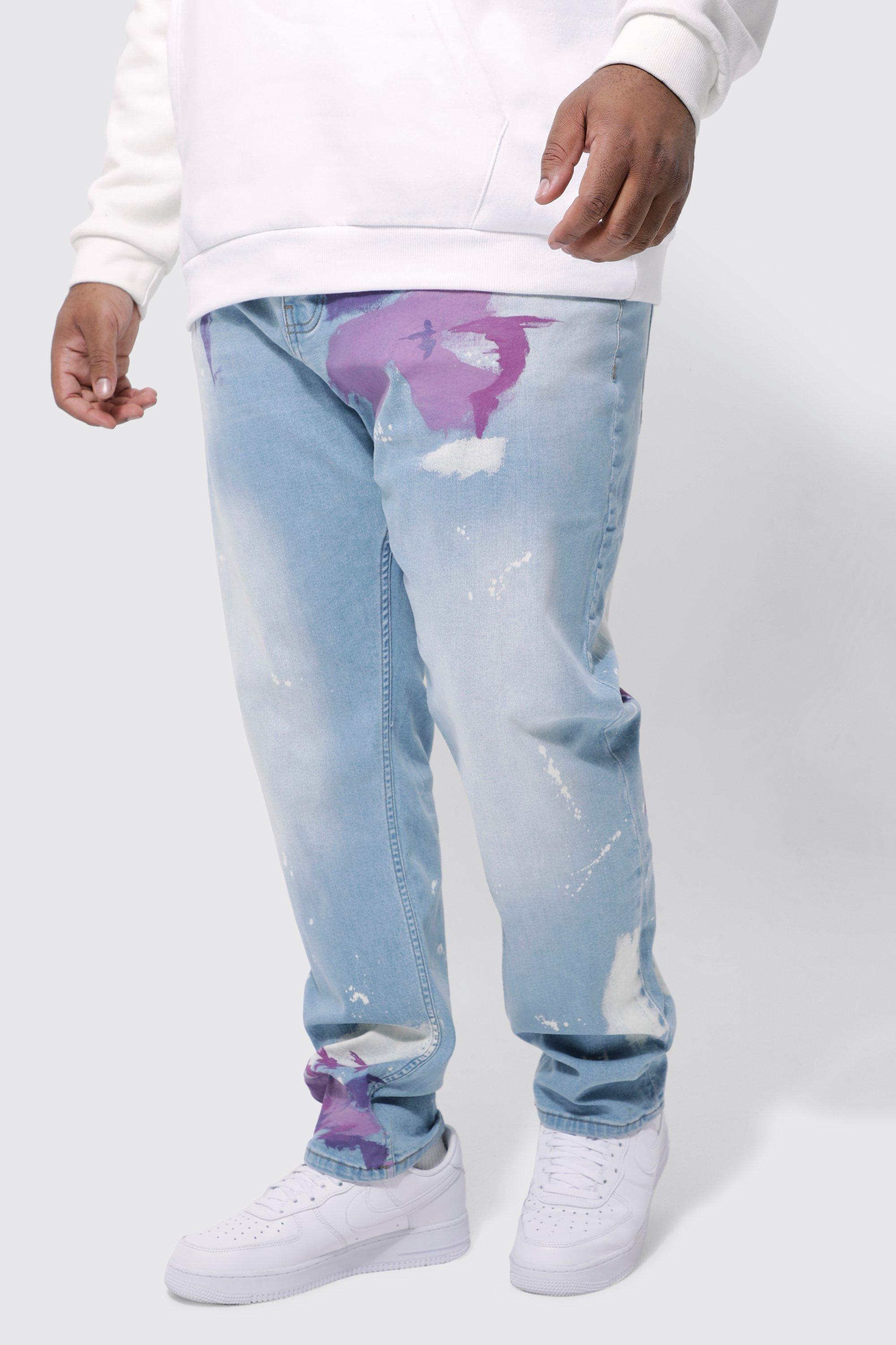 VIVICOLOR Men's Paint Splash Jean Pants Light Blue Regular Fit Print Ripped Denim  Jeans Neon Splatter Pigment Print Trousers : : Fashion