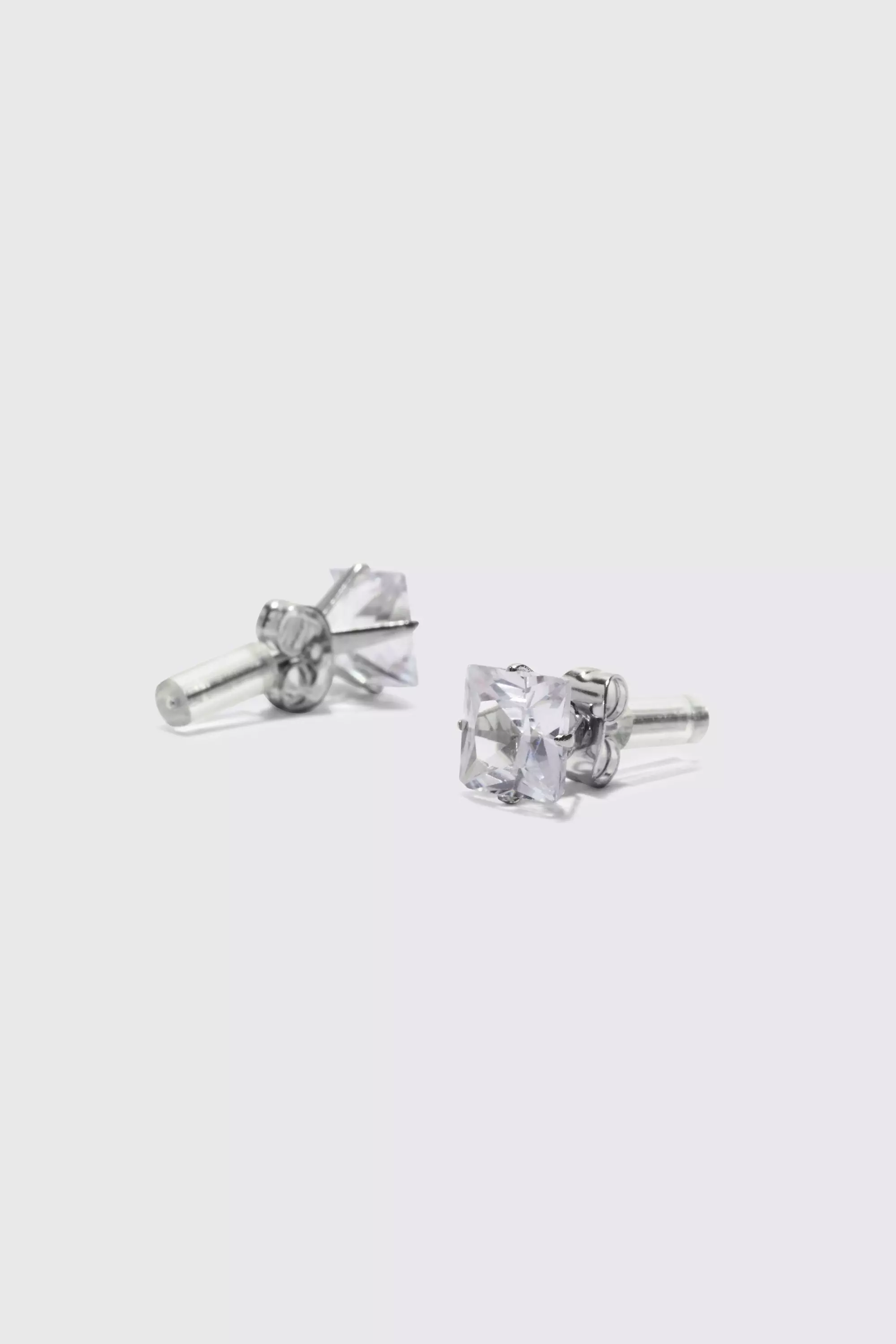 8mm Square Stud Diamante Earrings Silver