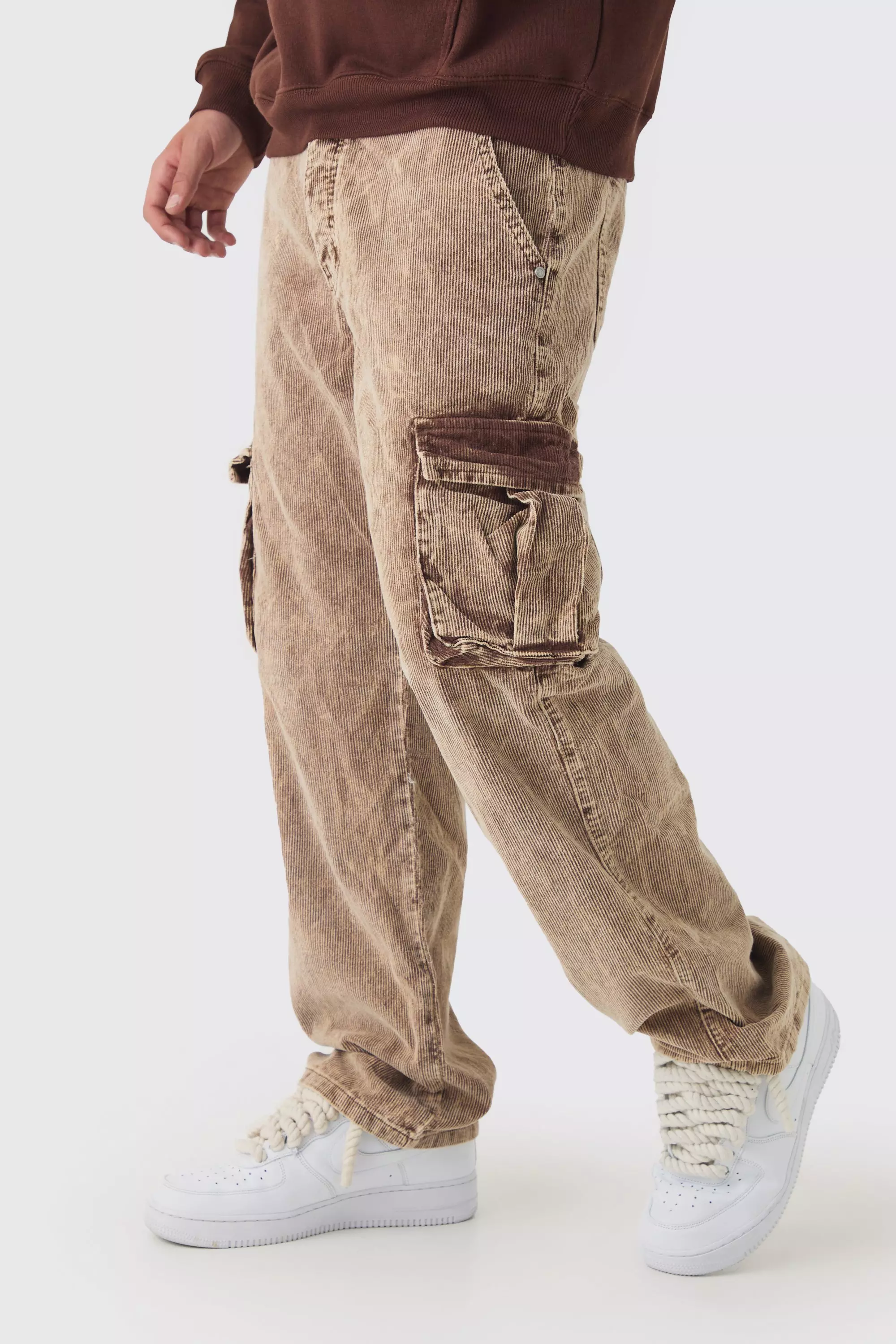 Acid Wash Cord Relaxed Fit Cargo Pants Chocolate