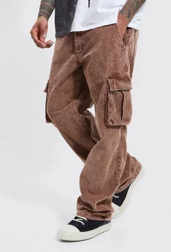 Chocolate Brown Acid Wash Relaxed Fit Cargo Pants