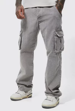 Charcoal Grey Acid Wash Relaxed Cord Cargo Pants