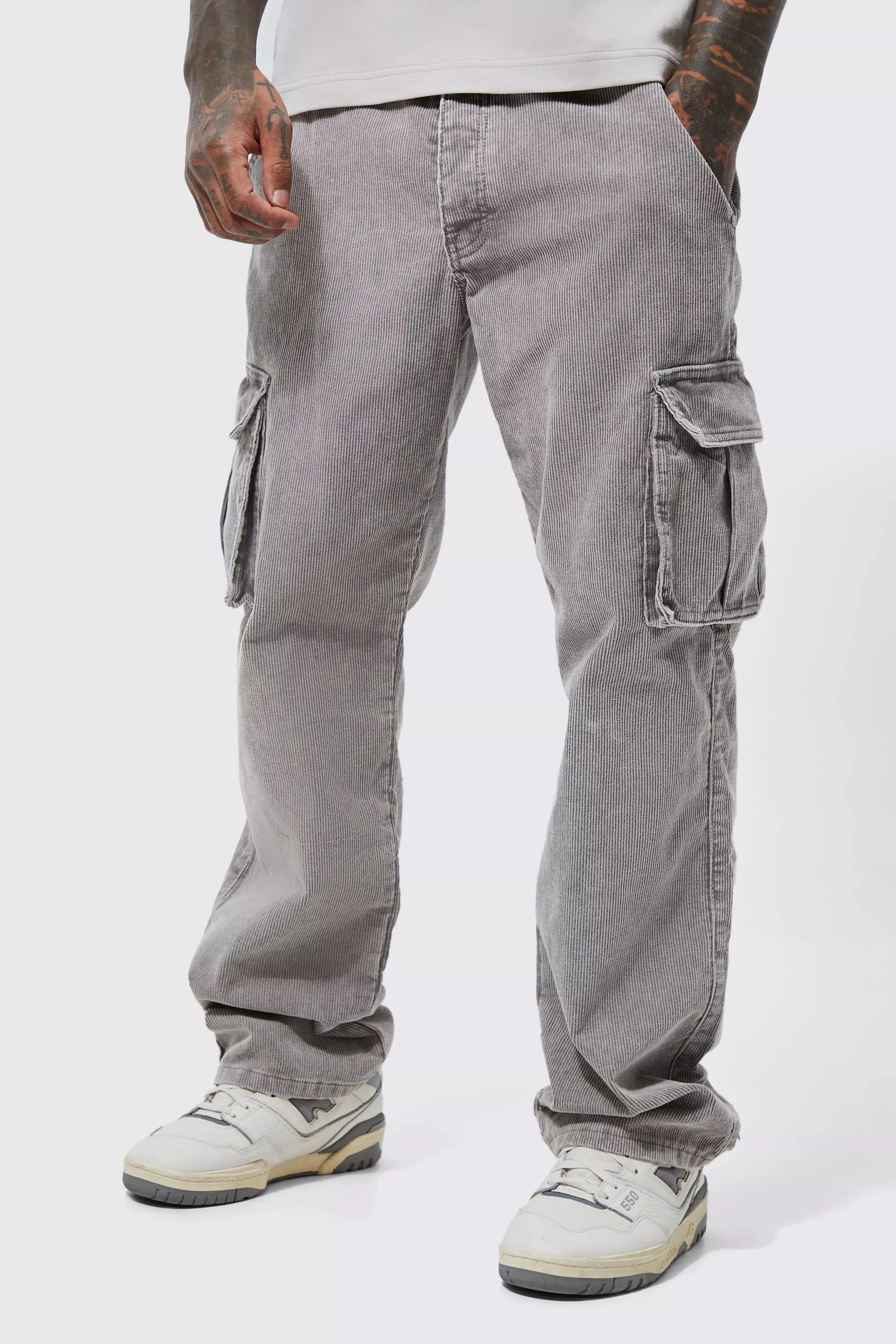 Charcoal Grey Acid Wash Relaxed Cord Cargo Pants